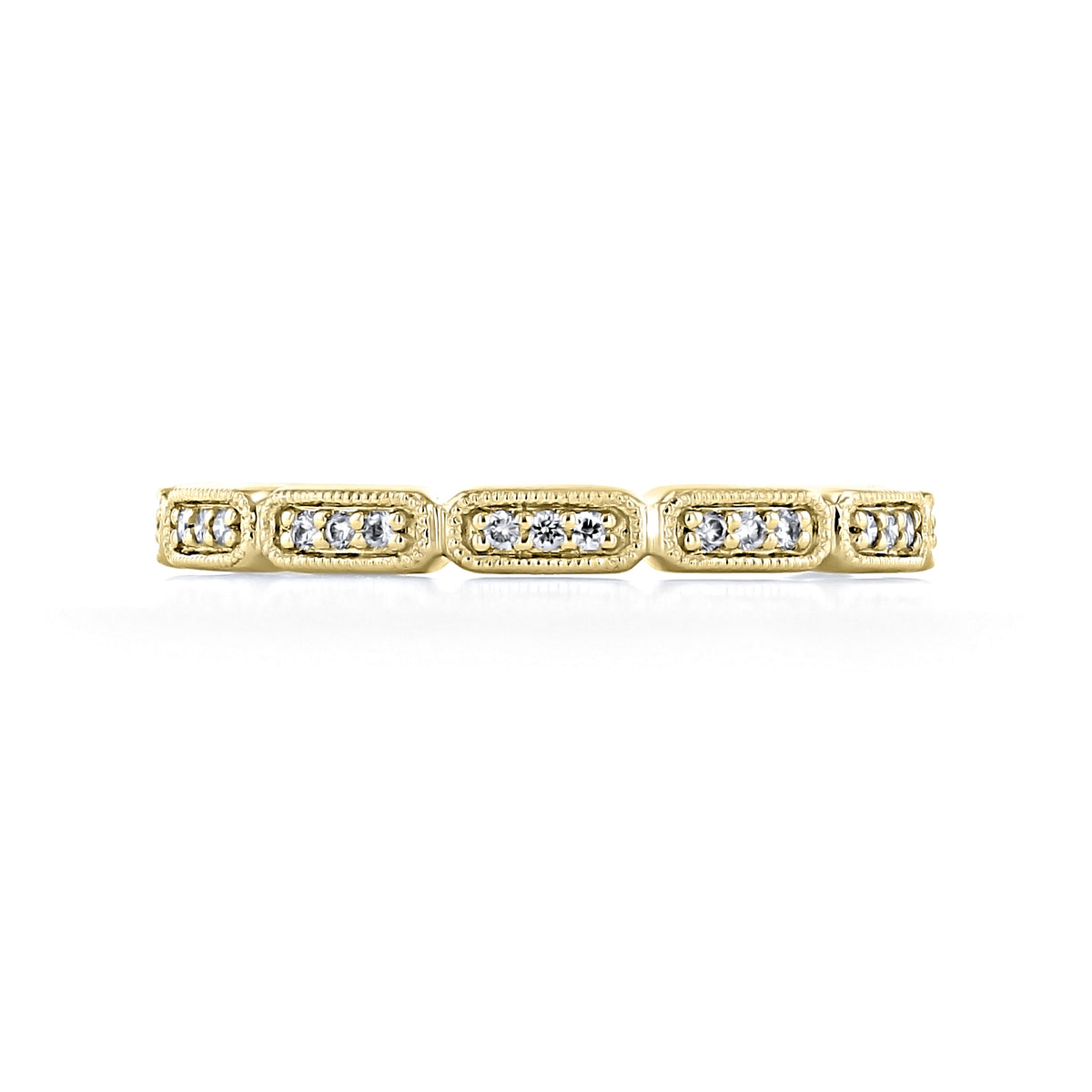 Coretta | Pavé-Set Diamond Wedding Band in gold, featuring a series of rectangular segments bezel-set with small round diamonds and edged with milgrain accents.