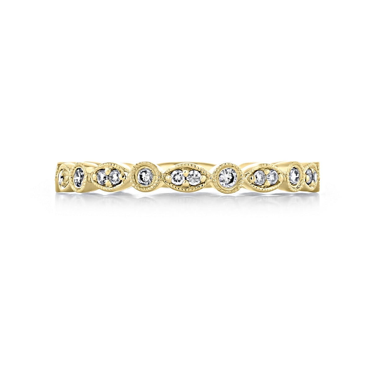 Gabriel NY Jacinta wedding band in gold, featuring alternating round and marquise-shaped pavé settings with small diamonds and milgrain edges.