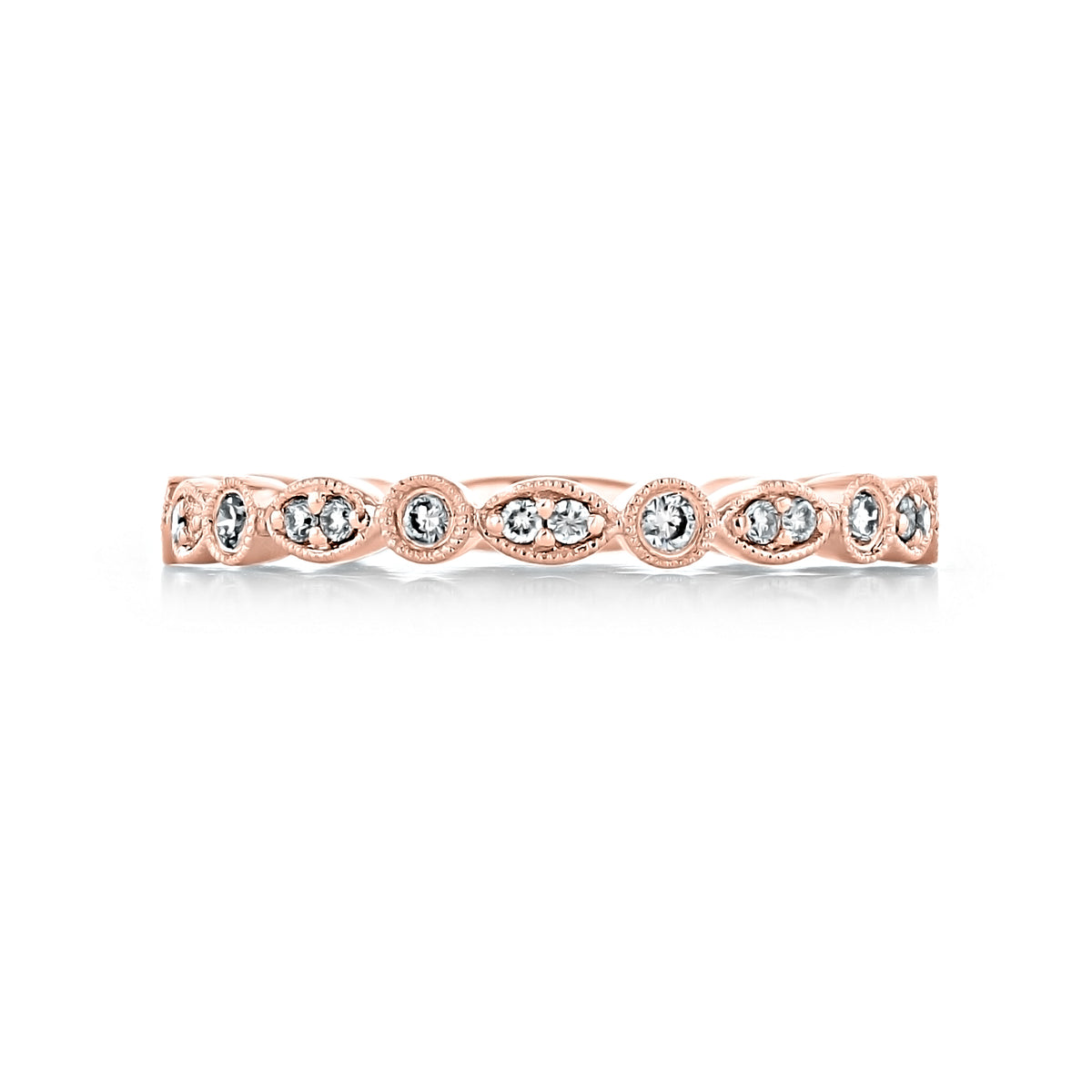 The Jacinta | Round Marquise Alternating Pavé-Set Diamond Wedding Band in rose gold features alternating round and marquise-shaped settings, each containing small diamonds.