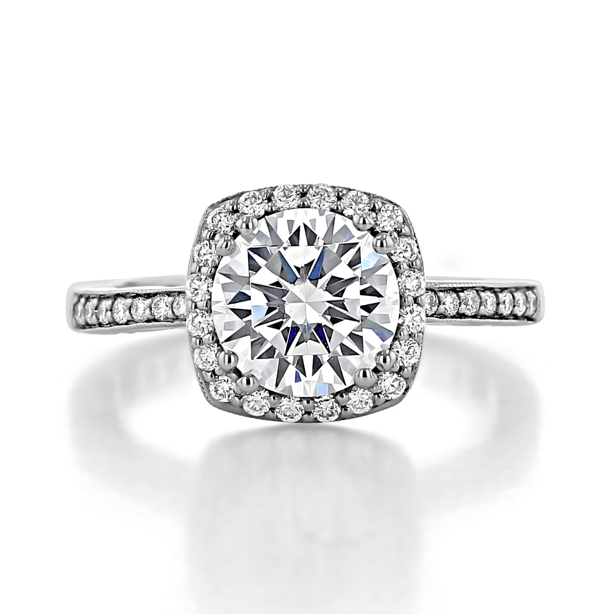 Tacori Coastal Crescent | Cushion Solitaire Engagement Ring - P1032CU8, featuring a cushion-shaped bloom halo of round diamonds and a pavé diamond band.