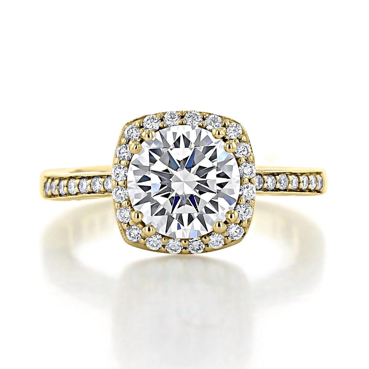 Coastal Crescent | Cushion Solitaire Engagement Ring - P1032CU8Y in 14k yellow gold, featuring a cushion-cut center stone surrounded by a diamond halo and additional diamonds set along the band.