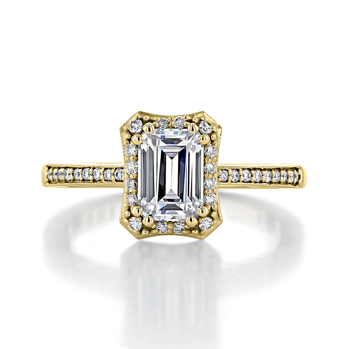 Coastal Crescent | Emerald Solitaire Engagement Ring - P103EC7X5Y by Tacori, featuring a vintage-style emerald-cut solitaire in yellow gold with a diamond halo and pavé-set band.
