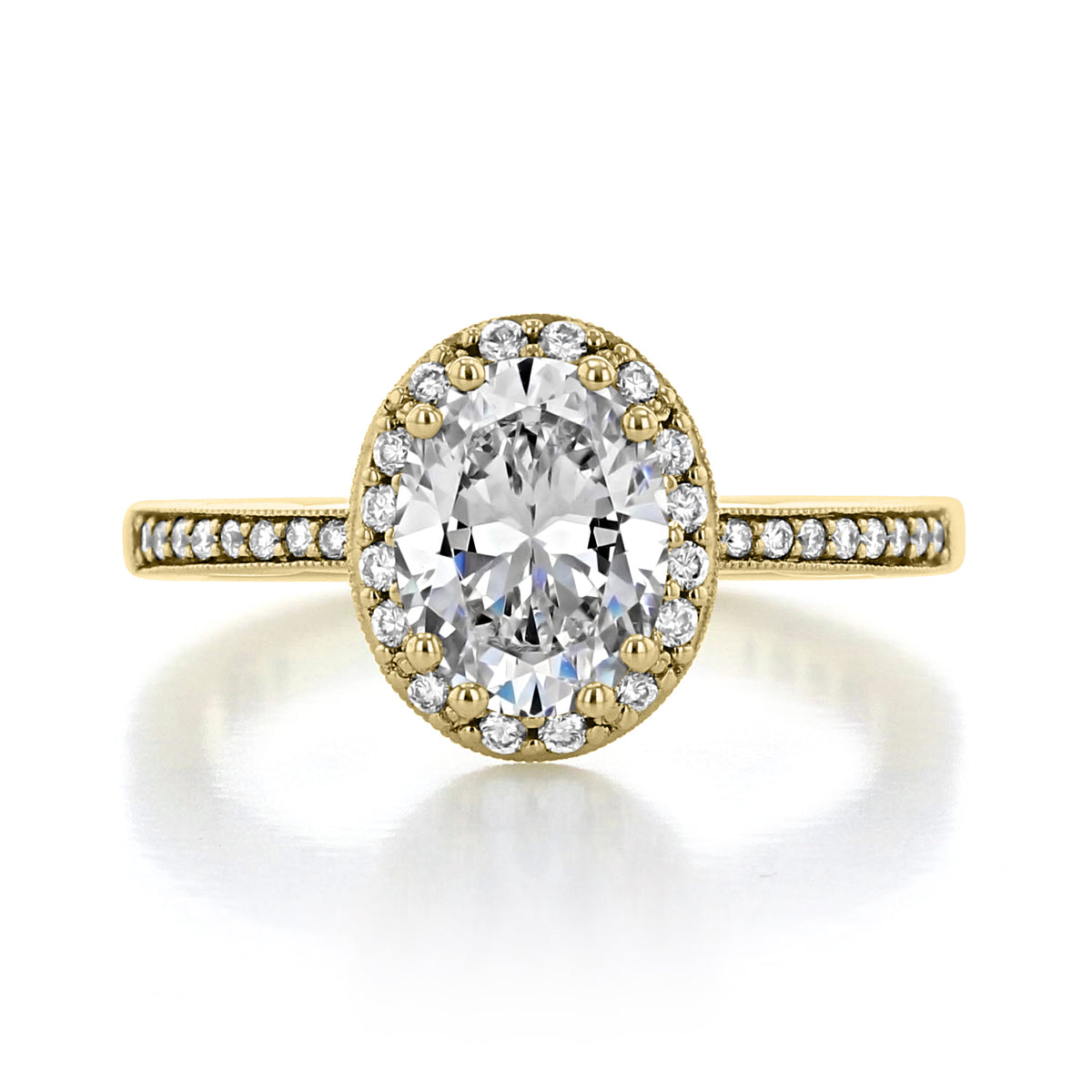 Gold Coastal Crescent | Oval Solitaire Engagement Ring - P103OV85X65Y featuring an oval solitaire, diamond halo, and pavé-set diamonds along the band.