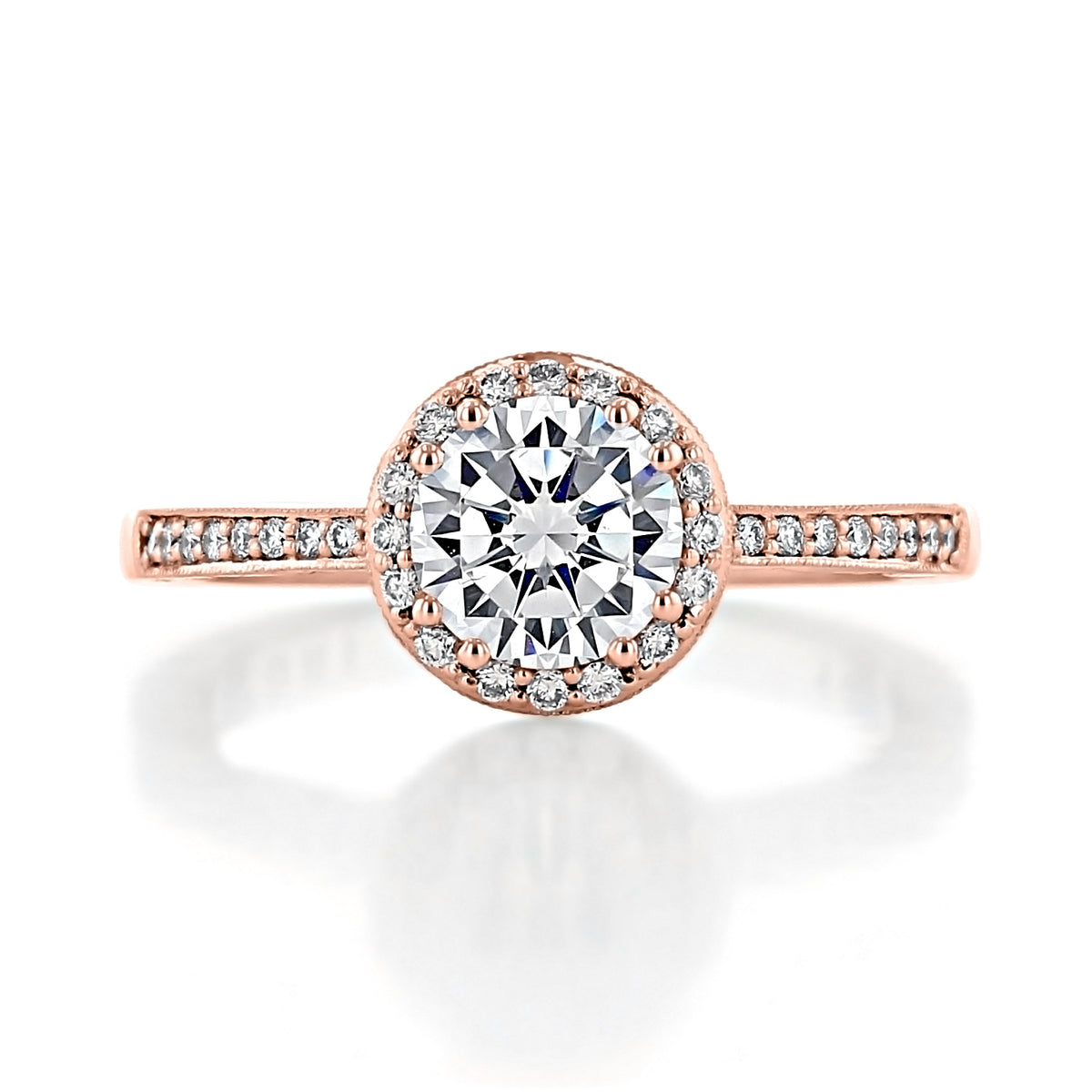Coastal Crescent | Round Solitaire Engagement Ring - P103RD65PK in rose gold, featuring a round solitaire diamond surrounded by a halo of smaller stones, with additional diamonds set along the band.