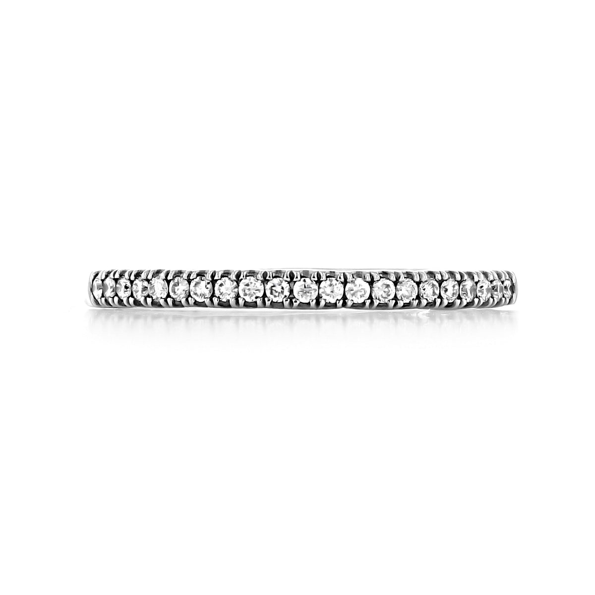 The Coastal Crescent | Diamond Band - P104BF is a slim platinum wedding band set with a continuous row of round brilliant-cut diamonds.