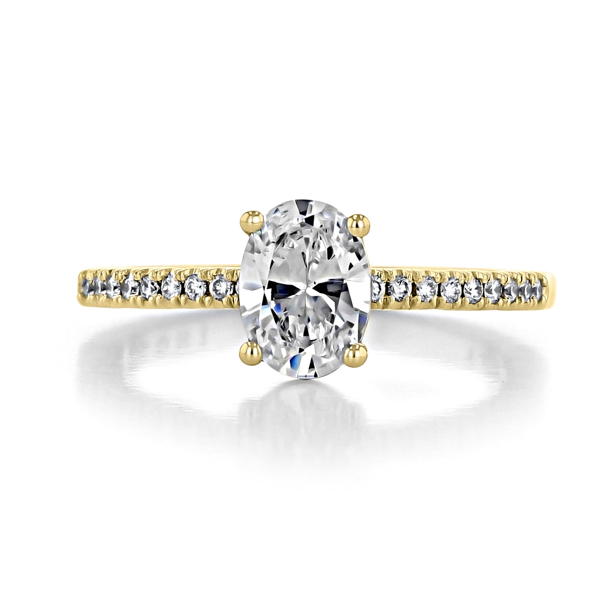 Coastal Crescent | Oval Solitaire Engagement Ring - P104OV75X55Y featuring an oval-cut solitaire on a yellow gold band accented with small pavé diamonds.
