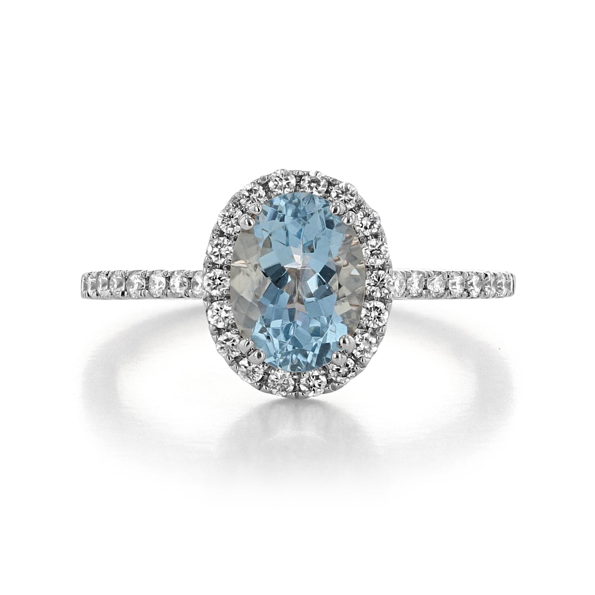 Makur Aquamarine Engagement Ring | R0861-4AQ featuring an oval aquamarine set in platinum with a diamond halo and micro-prong pavé band.