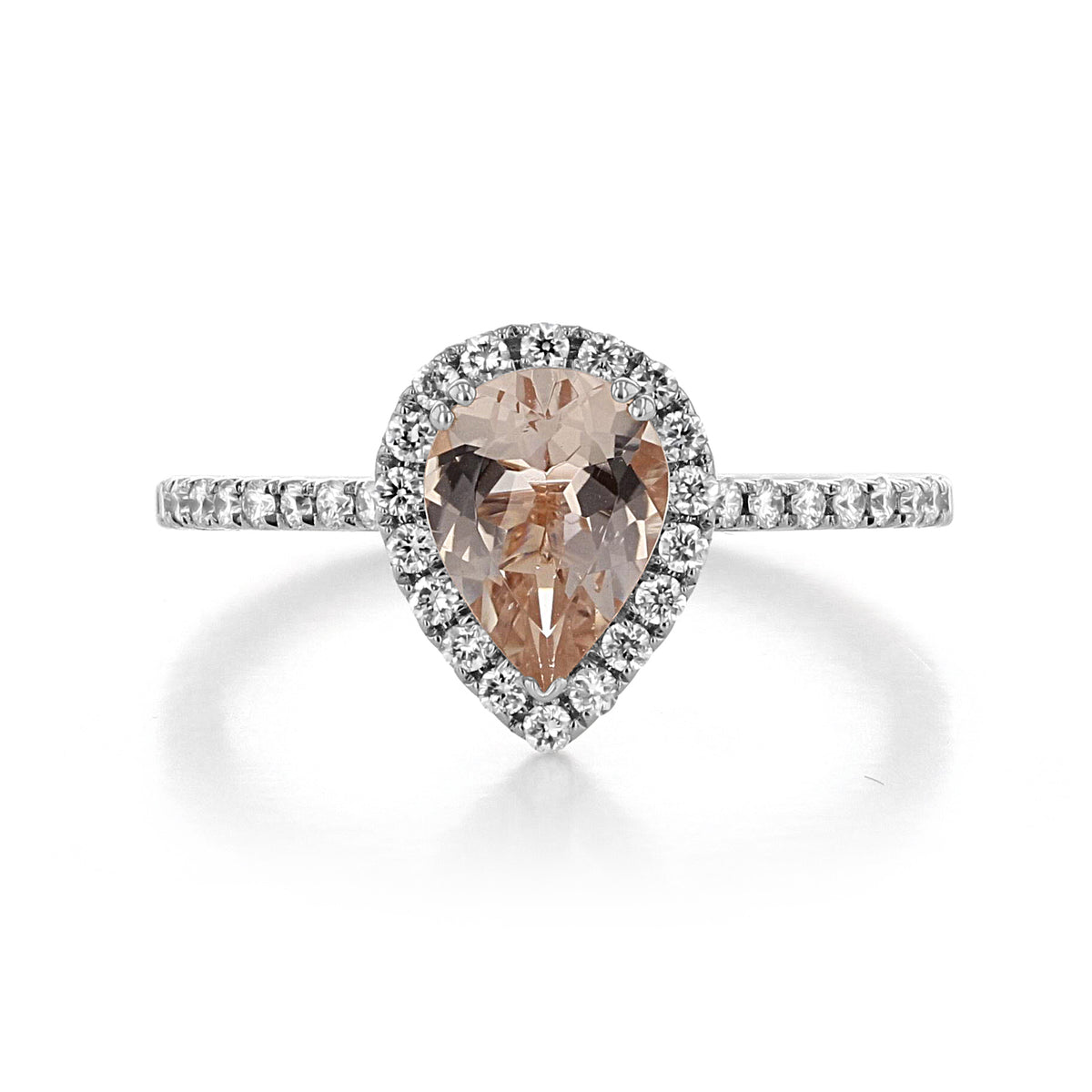 Makur Morganite Engagement Ring | R862-4 featuring a pear-shaped morganite center, a diamond halo, and a diamond-accented band.