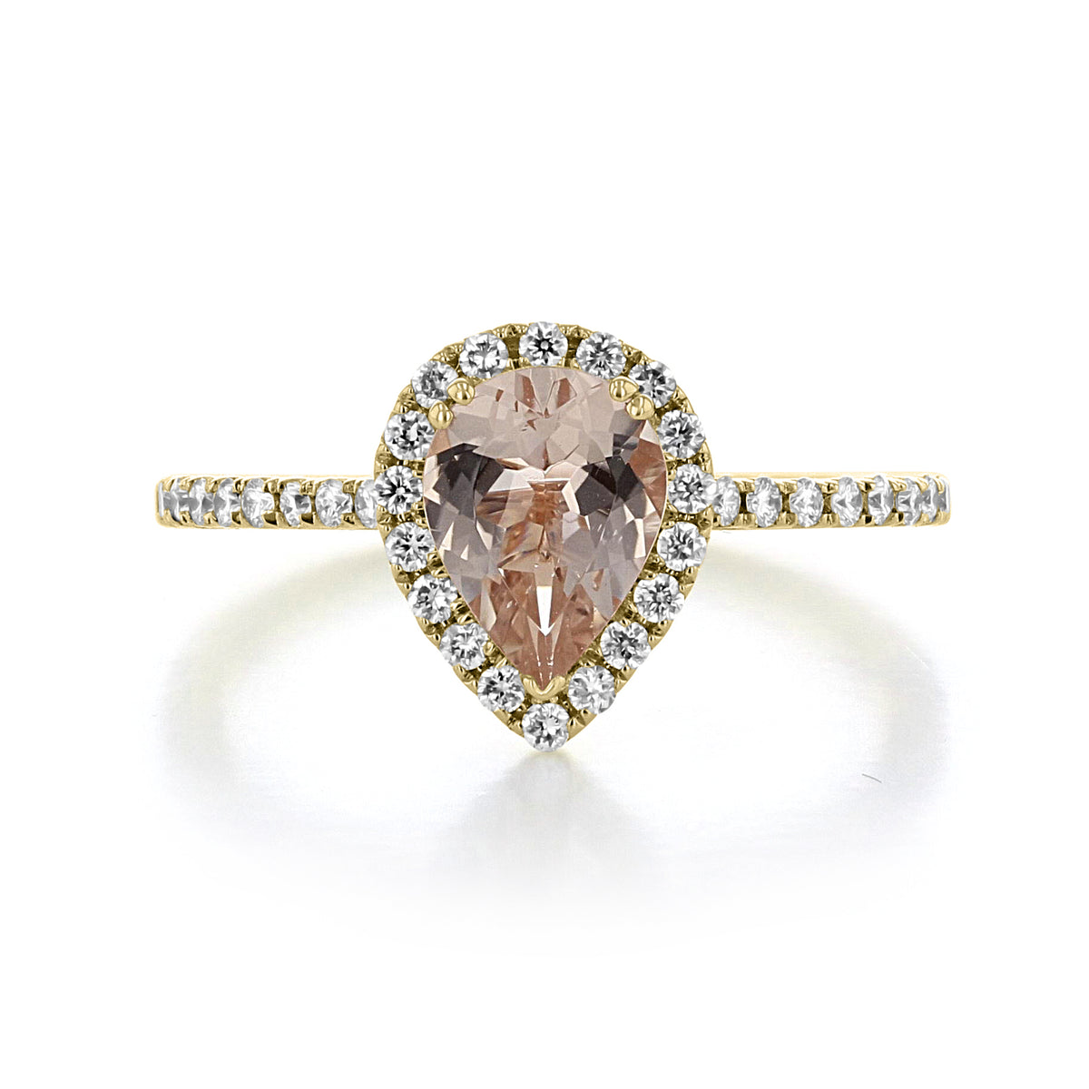 Makur Morganite Engagement Ring | R862-4 featuring a pear-shaped morganite stone with a diamond halo and a diamond-set yellow gold band.