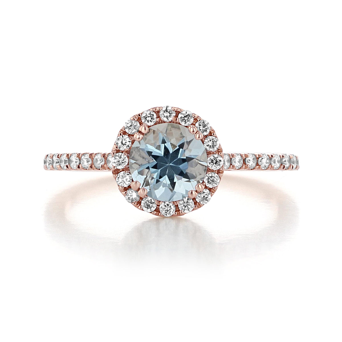 Makur Aquamarine Engagement Ring | R0868-4AQ featuring a round aquamarine stone set in rose gold with a diamond halo and diamond-accented band.