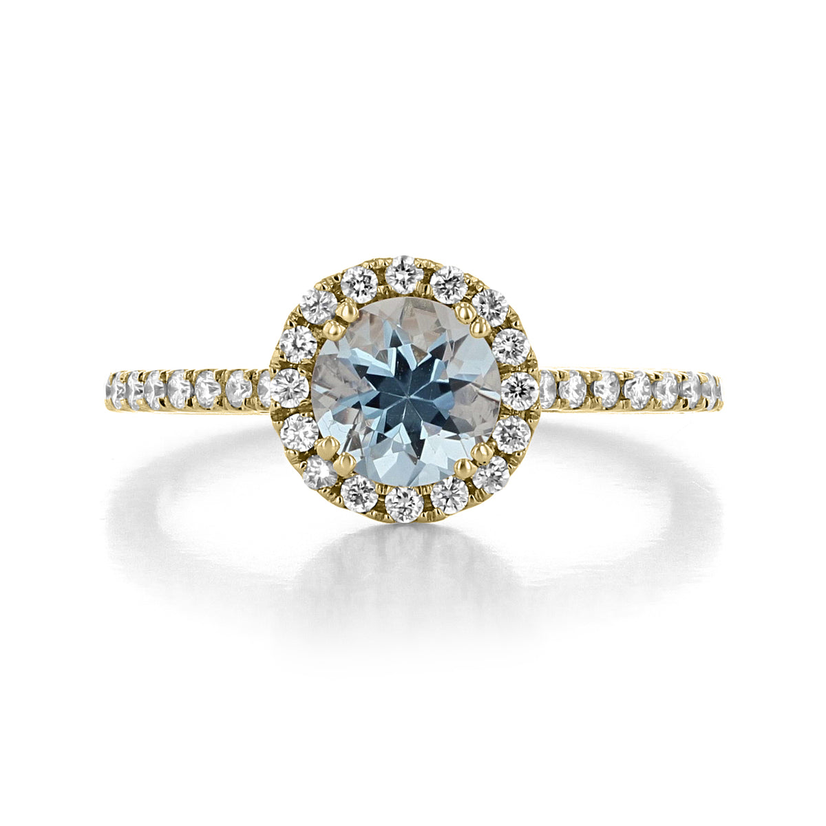 Makur Aquamarine Engagement Ring | R0868-4AQ featuring a round aquamarine gemstone with a diamond halo and pavé band in yellow gold.