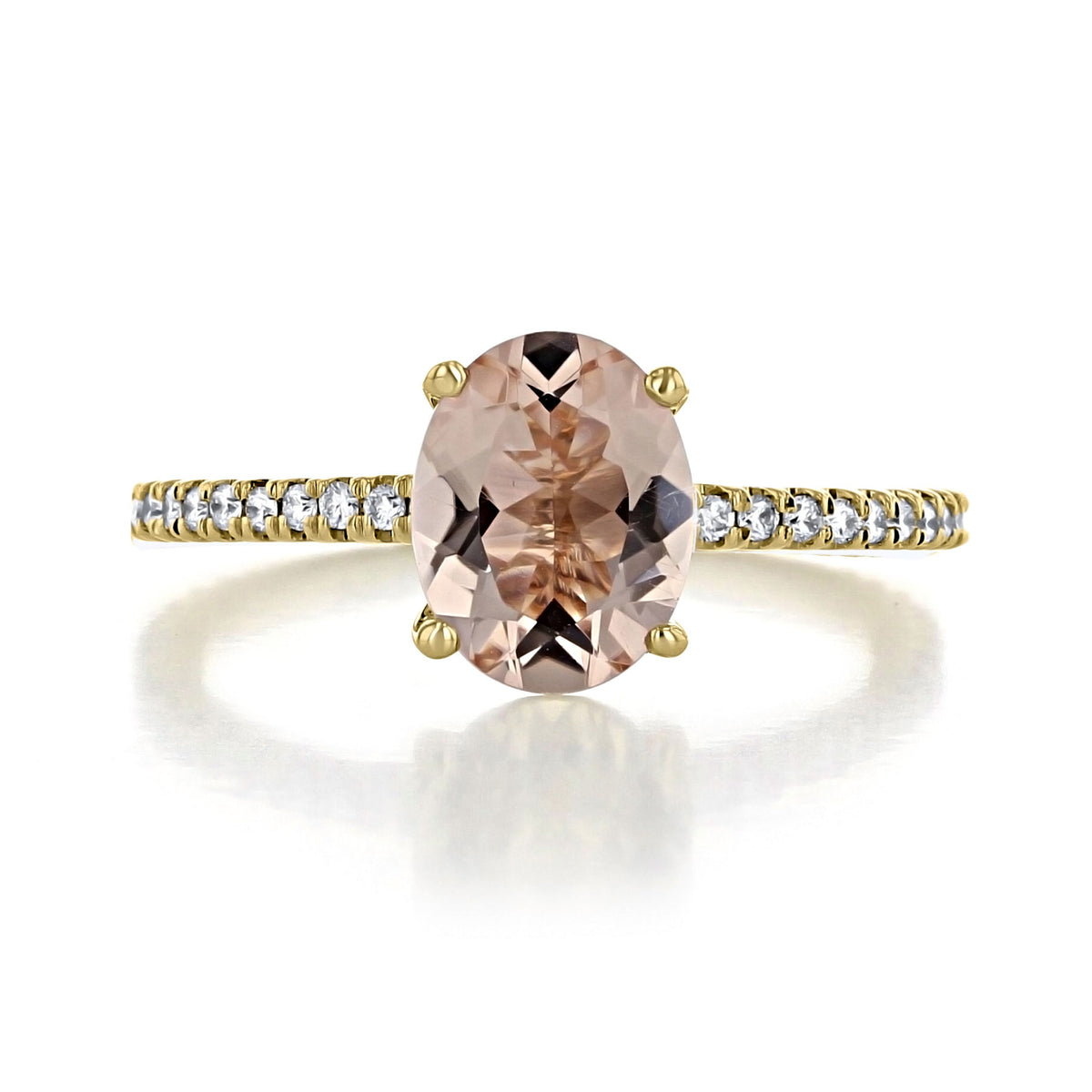Makur Morganite Engagement Ring R0999-4 featuring an oval-cut morganite in a yellow gold basket on a band accented with small round diamonds.