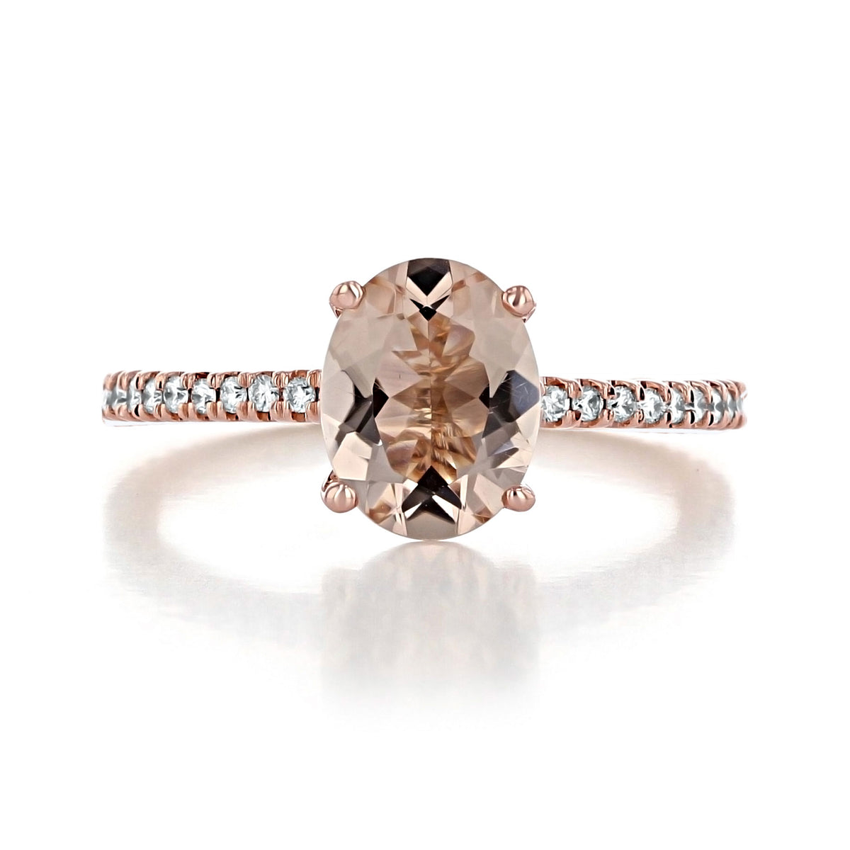 Makur Morganite Engagement Ring | R0999-4 featuring an oval-cut morganite in a rose gold setting with a diamond-accented pavé band.