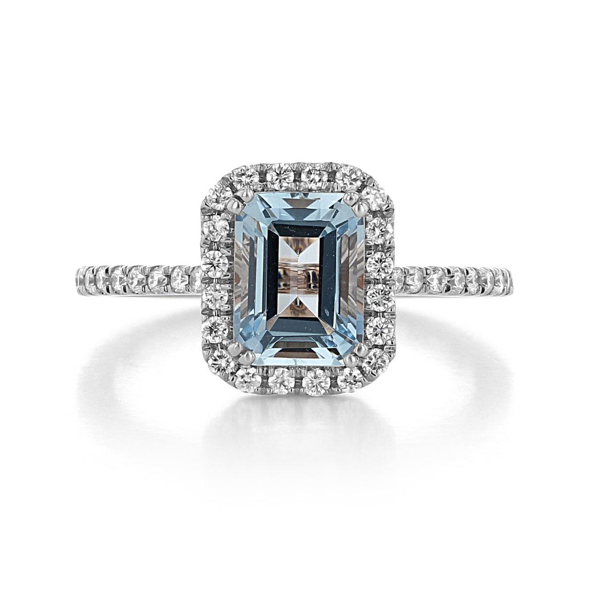 Makur Aquamarine Engagement Ring R1052-4AQ featuring an emerald-cut aquamarine with a diamond halo on a platinum band.