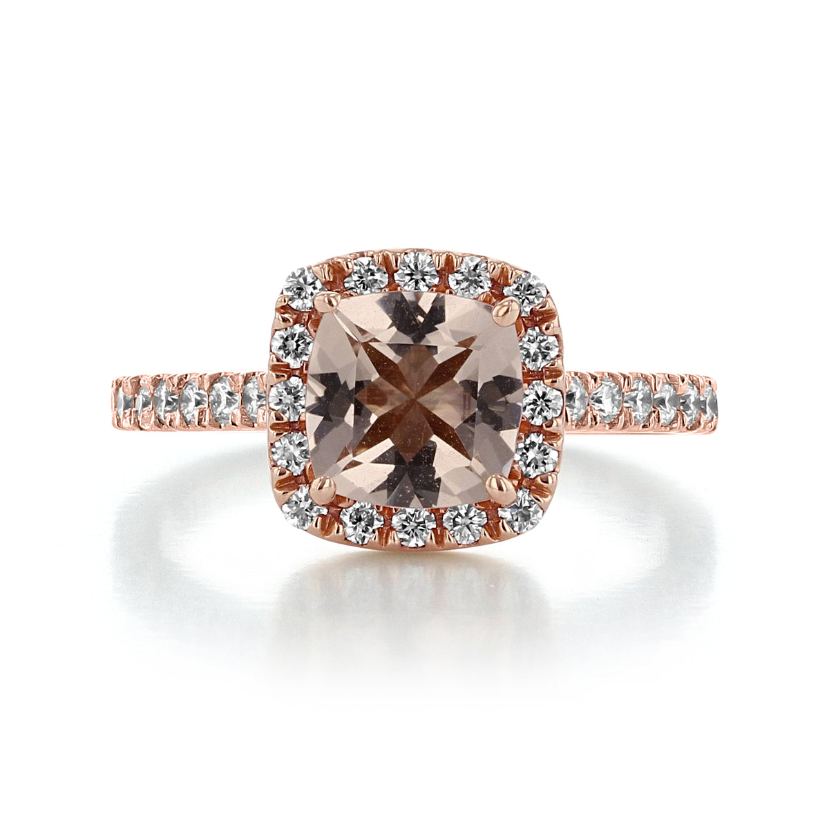 Makur Morganite Engagement Ring | R829-4 featuring a cushion-cut peach morganite in a rose gold setting with a diamond halo and pavé band.