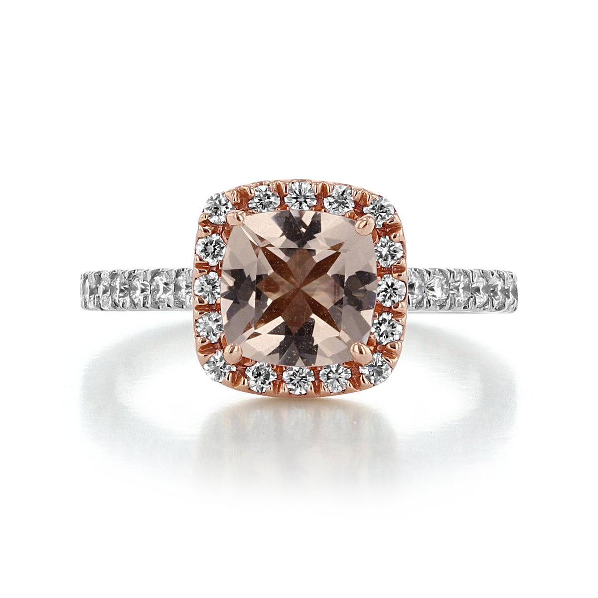 Makur Morganite Engagement Ring R829-4 featuring a cushion-cut morganite in a cushion-shaped halo with a diamond-accented band in a rose and white gold setting.