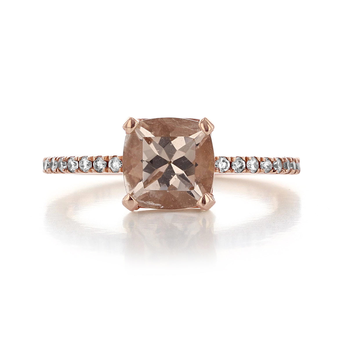 Makur Morganite Engagement Ring | R855-4 featuring a cushion-cut morganite stone with a pavé diamond band set in 14k rose gold.