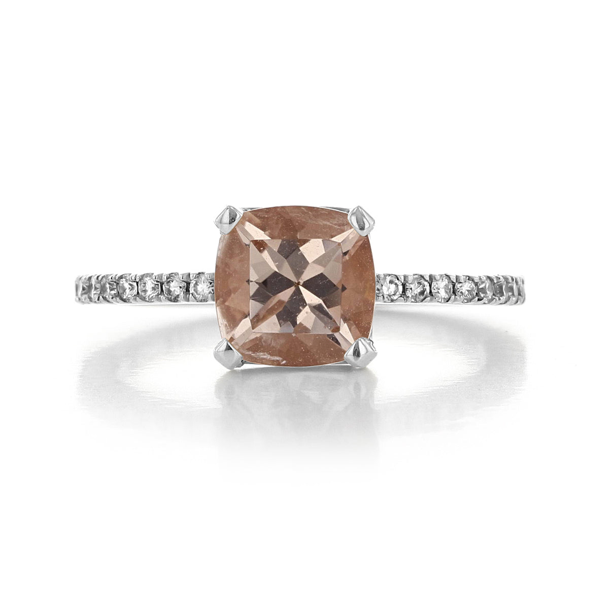 Makur Morganite Engagement Ring | R855-4 featuring a cushion-cut peach morganite stone on a 14k white gold band set with small round diamonds.