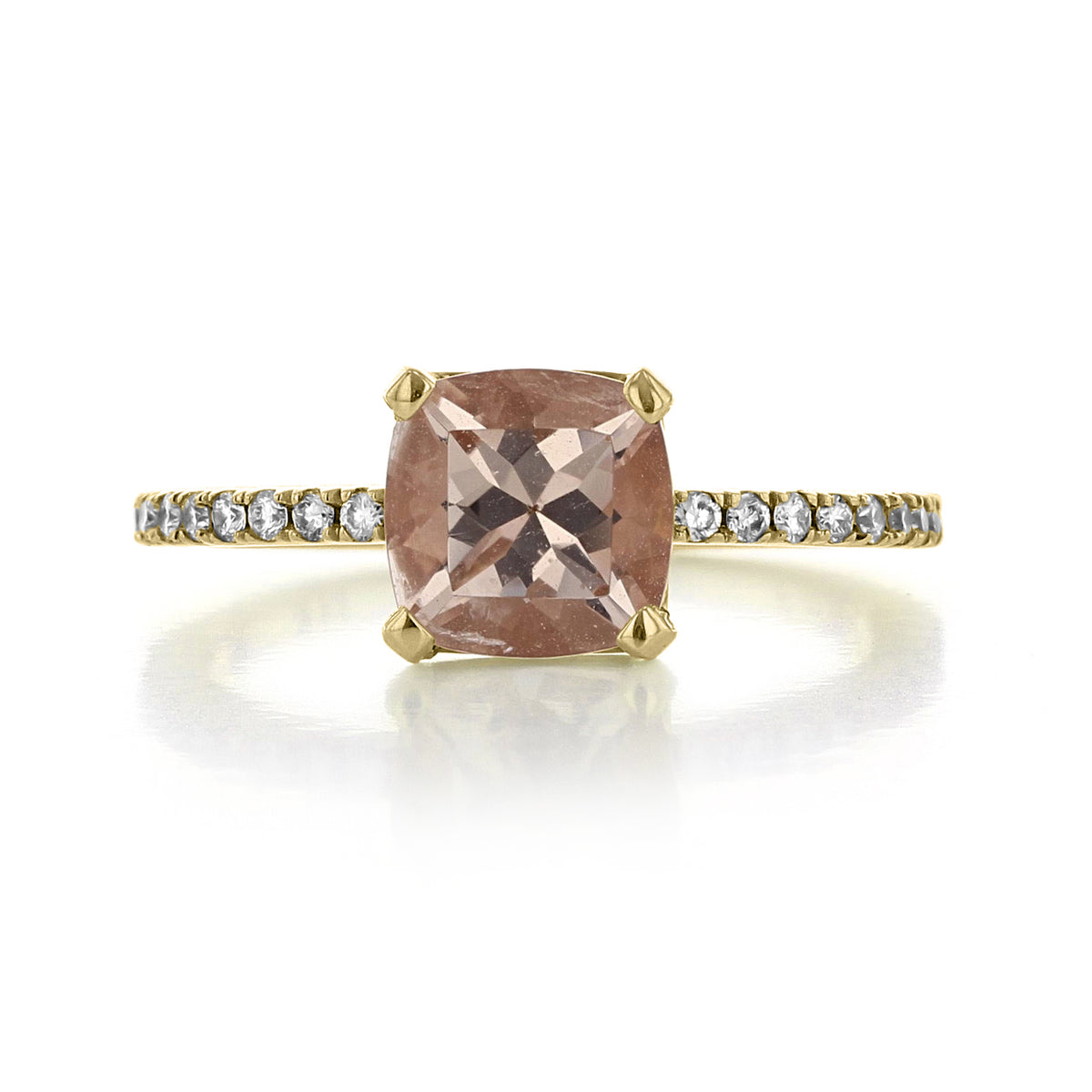 Makur Morganite Engagement Ring | R855-4 featuring a 14k yellow gold band with pavé-set diamonds and a cushion-cut morganite held by four prongs.