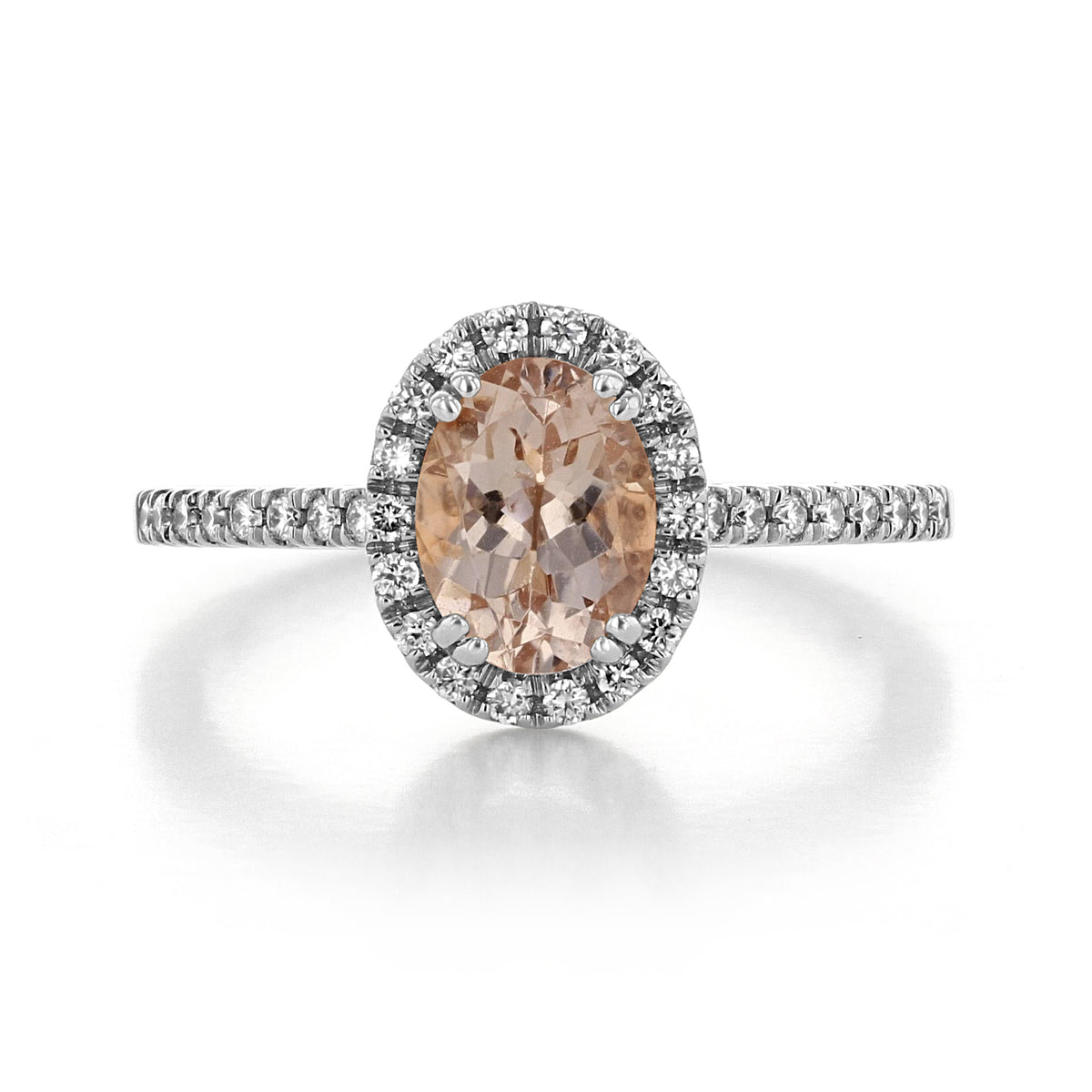 Makur Morganite Engagement Ring R861-4 featuring an oval-cut peach morganite in a halo diamond setting with a pavé band.