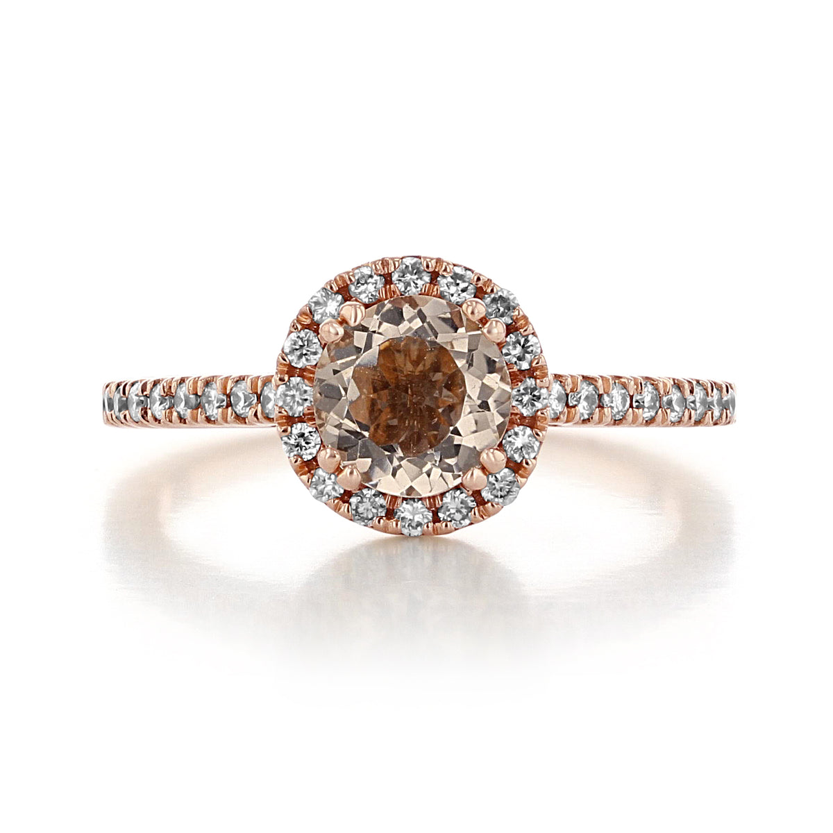 Makur Morganite Engagement Ring | R868-4 featuring a round peach-colored morganite stone in a rose gold setting with a diamond halo and pavé band.