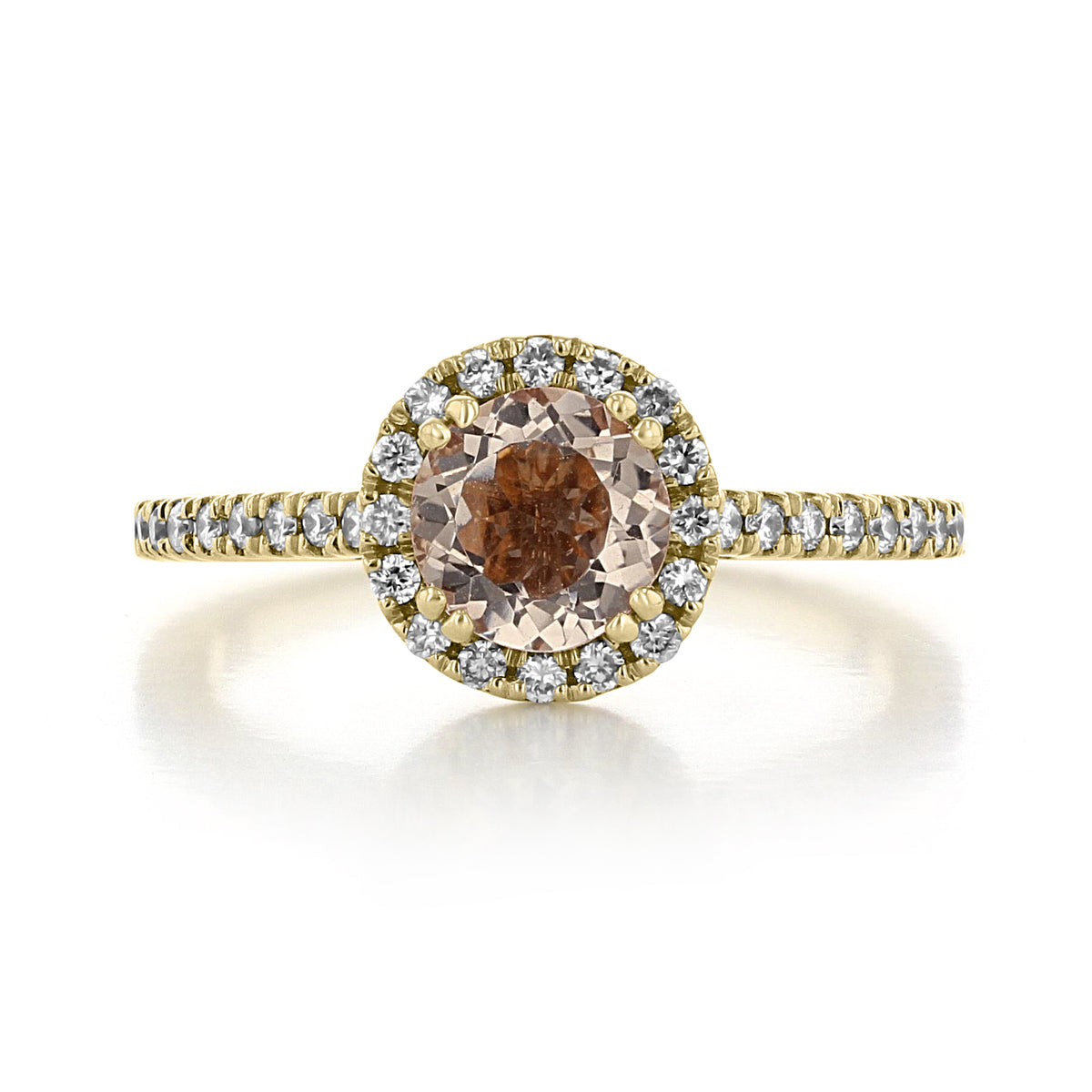 Makur Morganite Engagement Ring | R868-4 in yellow gold featuring a round, peach-colored morganite center stone surrounded by a halo of small white diamonds on a pavé band.