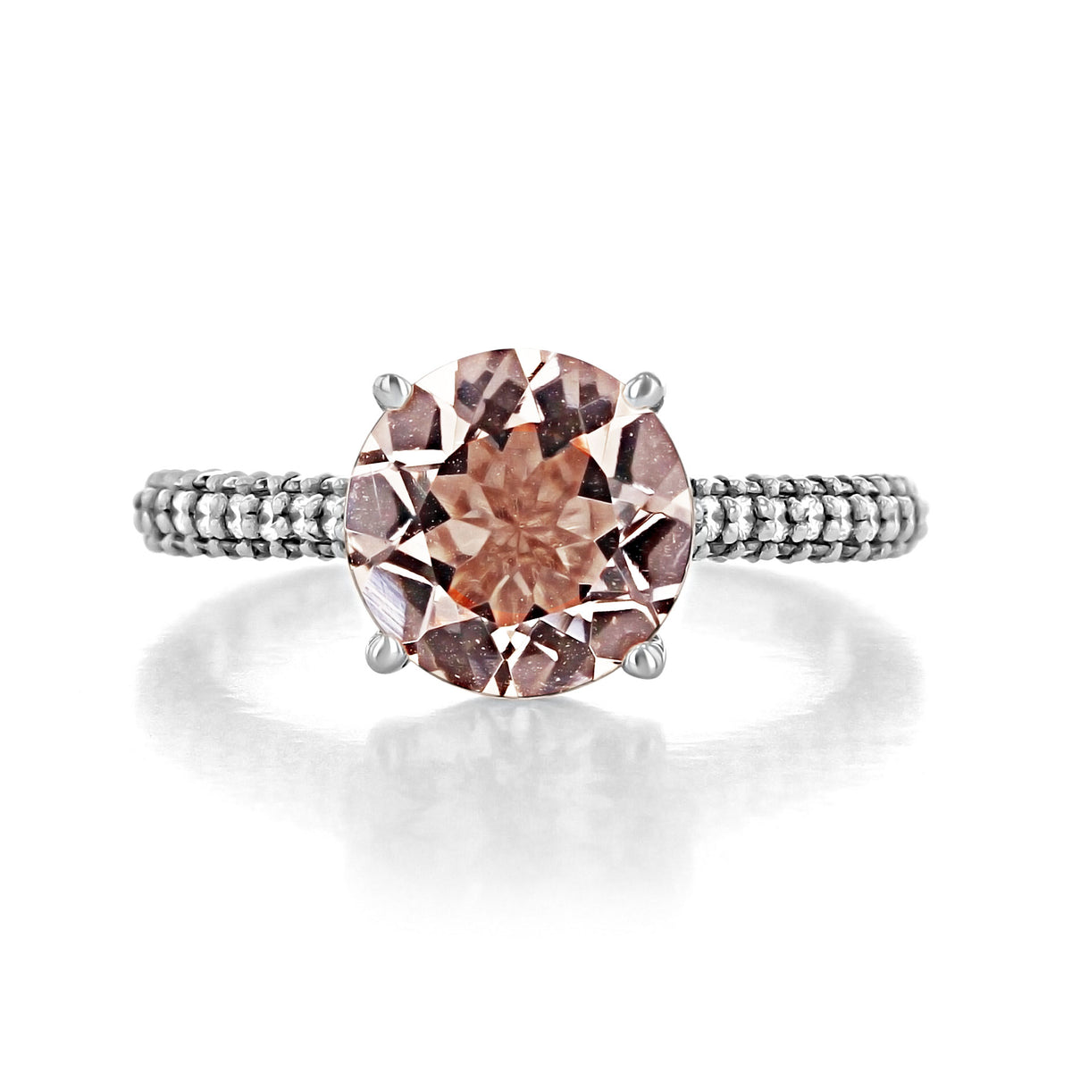 Makur Morganite Engagement Ring | R939-4 featuring a round, peach-colored morganite stone in a silver-toned band with pavé-set diamonds.