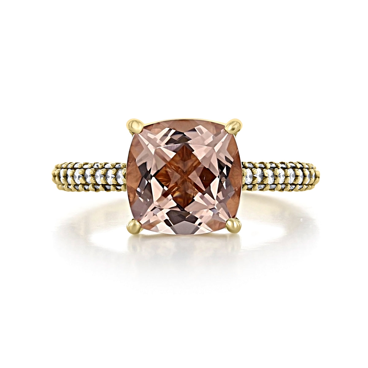 Makur Morganite Engagement Ring | R940-4 featuring a cushion-cut morganite stone on a yellow gold band with rows of small diamonds.