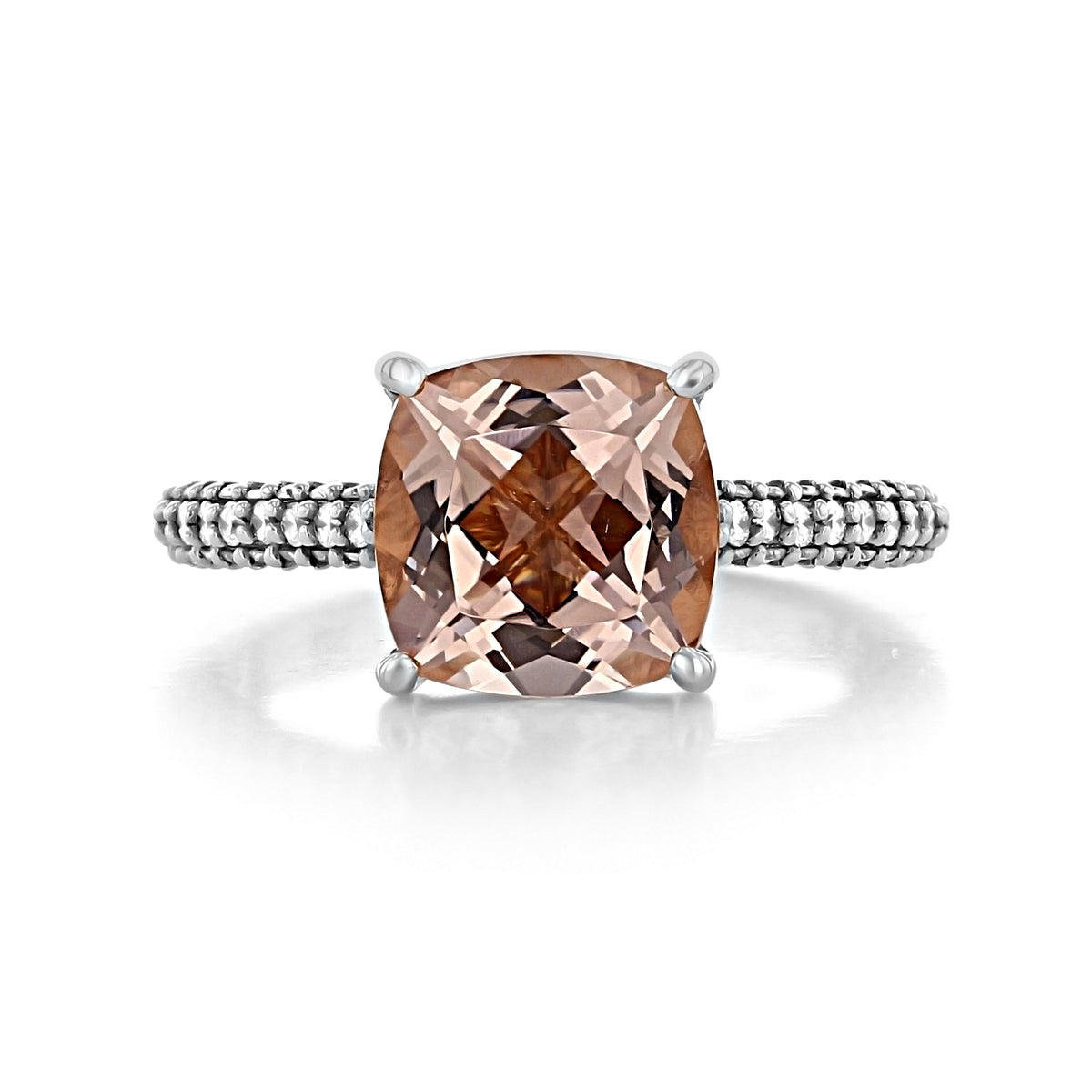 Makur Morganite Engagement Ring | R940-4 featuring a cushion-cut morganite stone, a textured white gold band, and a four-prong setting.