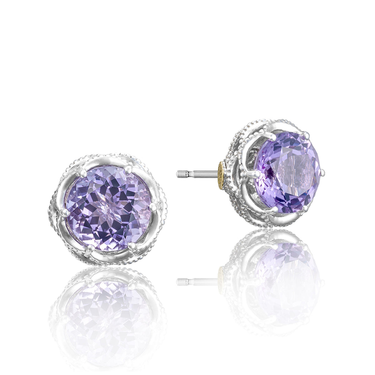 Pair of round purple amethyst Crescent Crown Amethyst Fashion Earrings | SE10501 with decorative silver settings.