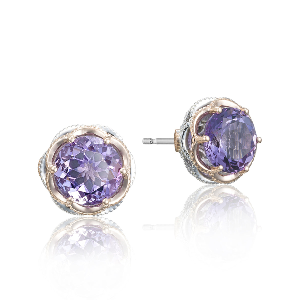 Crescent Crown Amethyst Fashion Earrings | SE105P01: round Tacori stud earrings featuring a faceted purple amethyst stone set in a decorative rose gold crown setting.