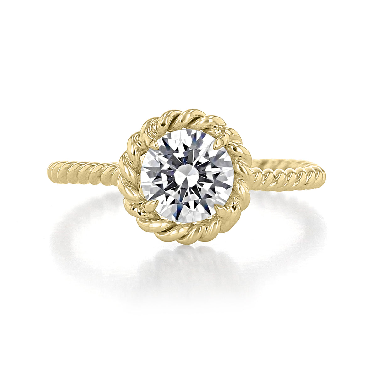 Gold Solo Filo | Braided Engagement Ring - SE106 featuring a round brilliant-cut center stone set in a unique halo with twisted, rope-style braided metalwork.