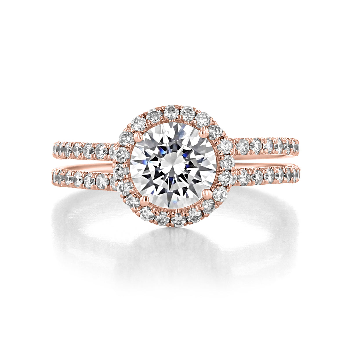 Danhov Solo Filo | Halo Engagement Ring (SE113) in rose gold, featuring a round center diamond, a halo of accent diamonds, and a diamond-lined split shank band.