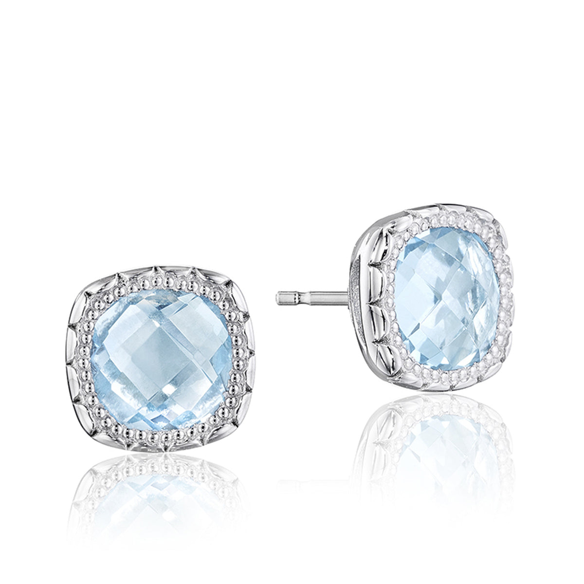 Crescent Embrace Sky-Blue Topaz Fashion Earrings SE24502 featuring cushion-cut sky blue topaz studs with a silver milgrain beaded border.