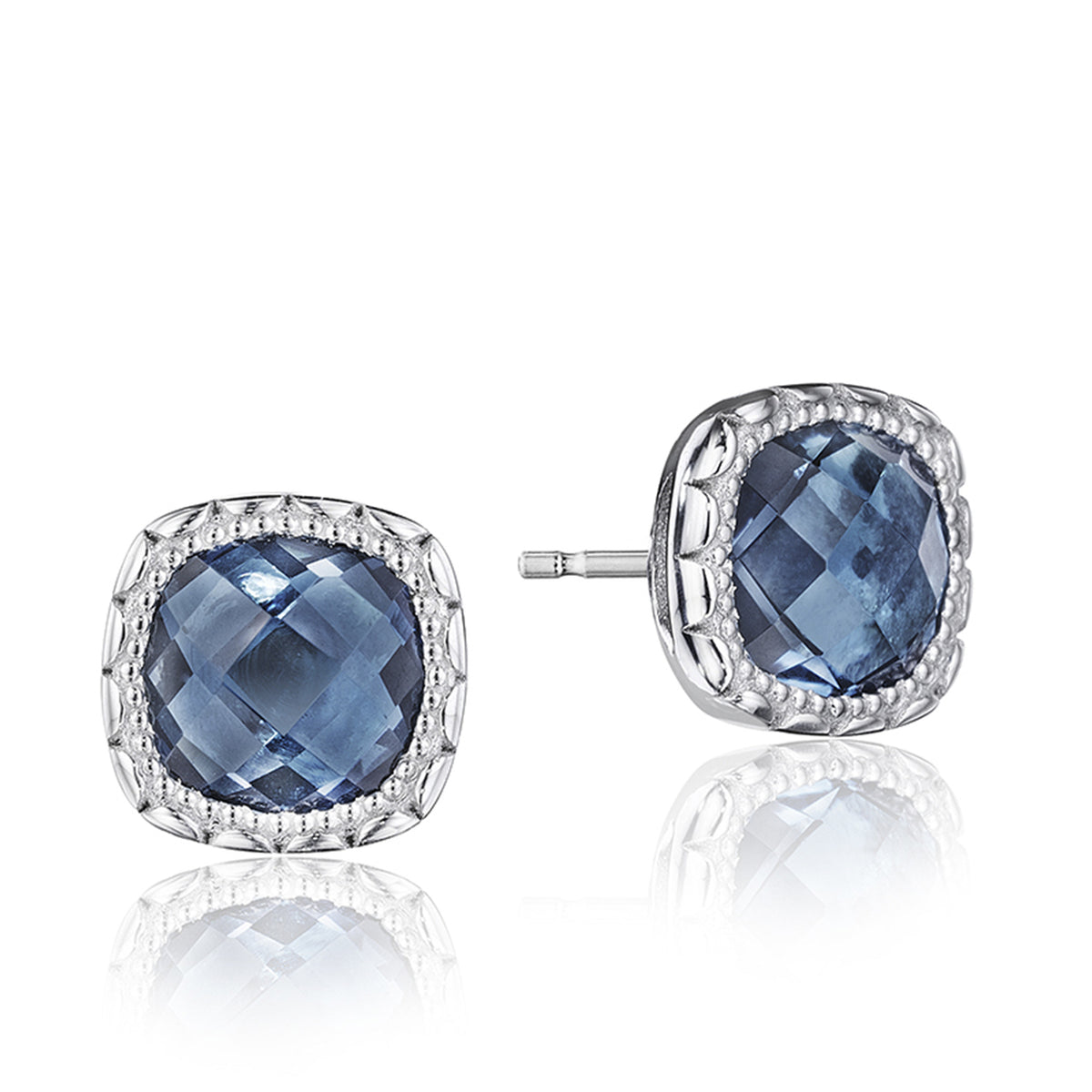 Crescent Embrace London Blue Topaz Fashion Earrings SE24533, featuring square-cut London blue topaz studs set in silver scalloped bezels.