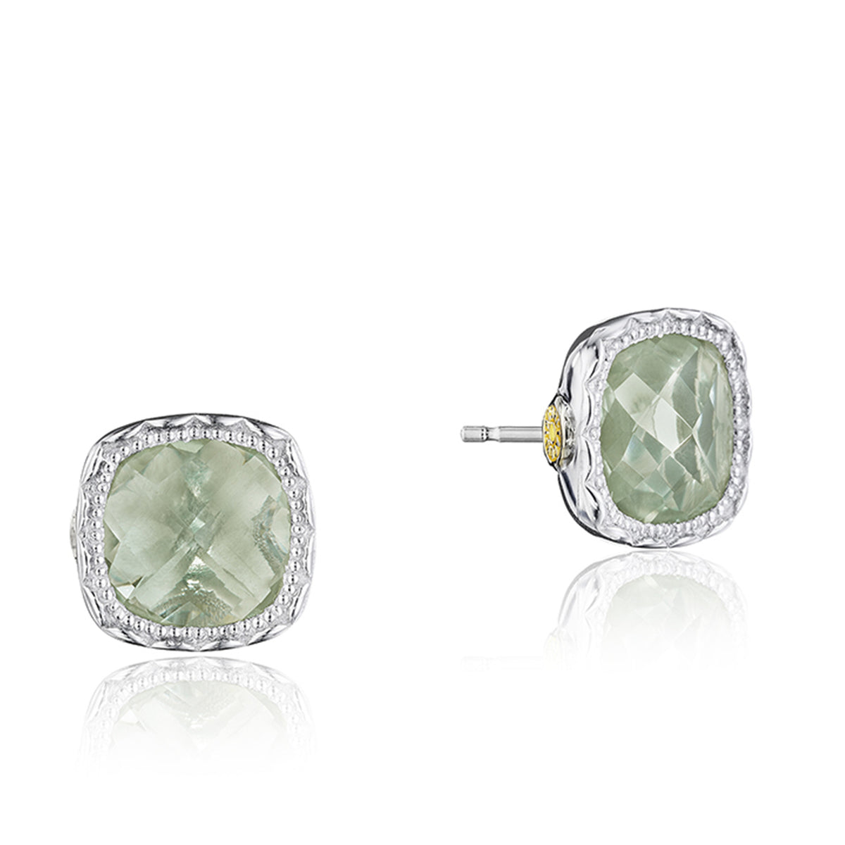 Crescent Embrace Prasiolite Fashion Earrings SE24712 featuring square cushion-cut prasiolite studs in silver with a decorative border and yellow gold accents at the posts.