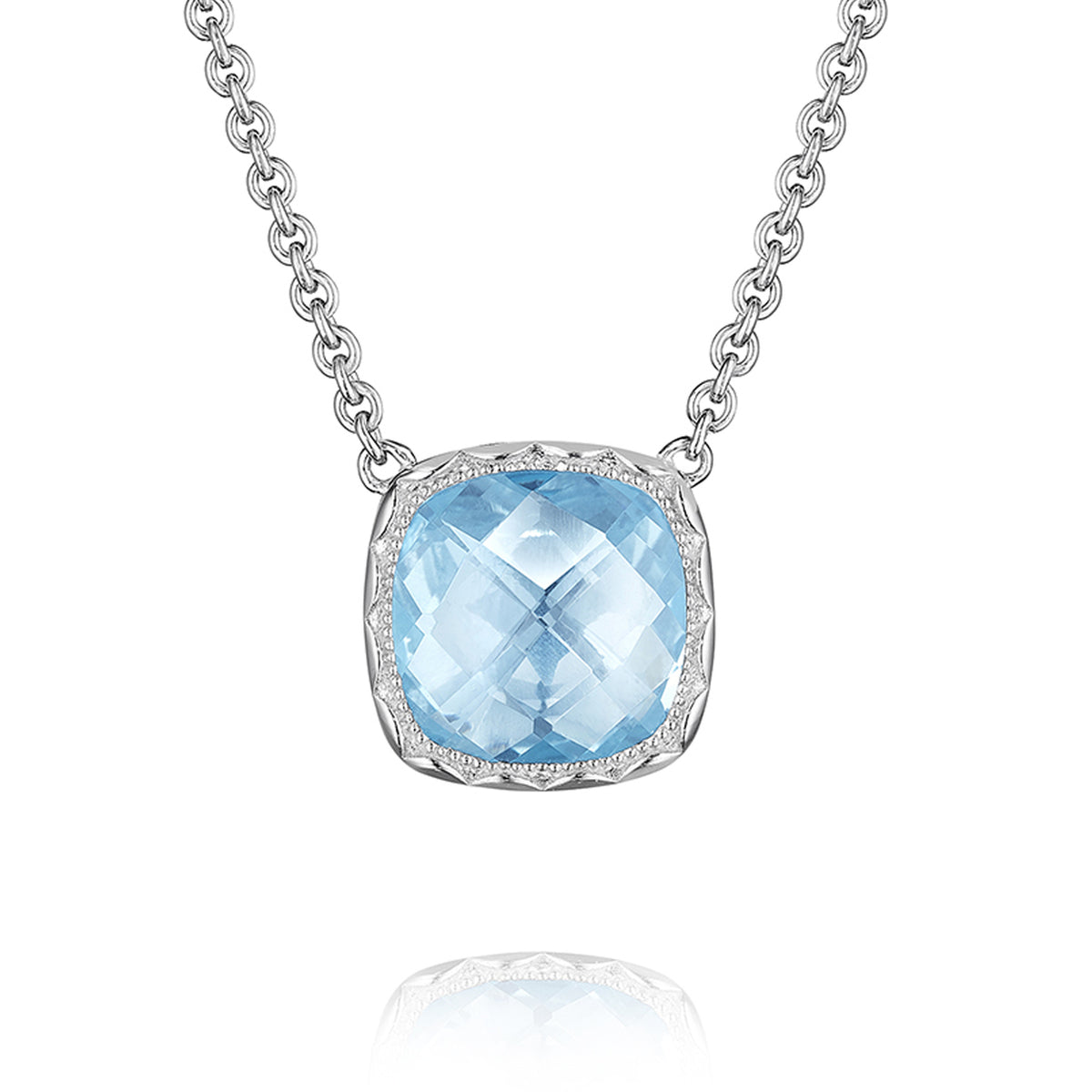 A cushion-cut sky blue topaz pendant in a silver setting on a silver chain, featured in the Crescent Embrace Sky Blue Topaz Fashion Necklace | SN23202 by Tacori.