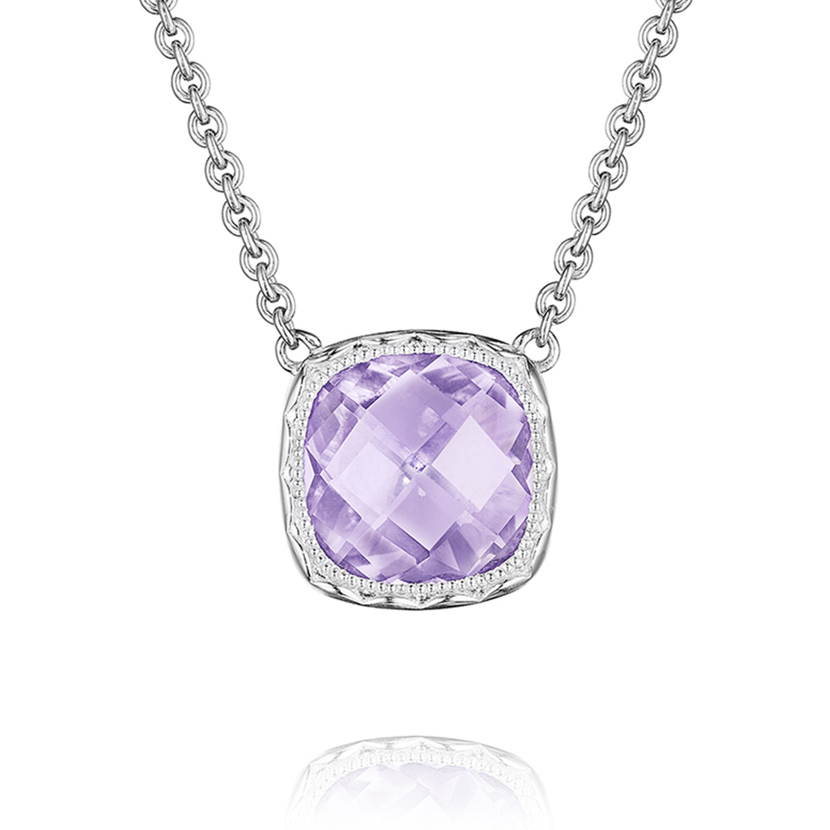 A silver Crescent Embrace Rose Amethyst Fashion Necklace (SN23213) by Tacori, featuring a square-cut, faceted rose amethyst pendant with a textured metal border.