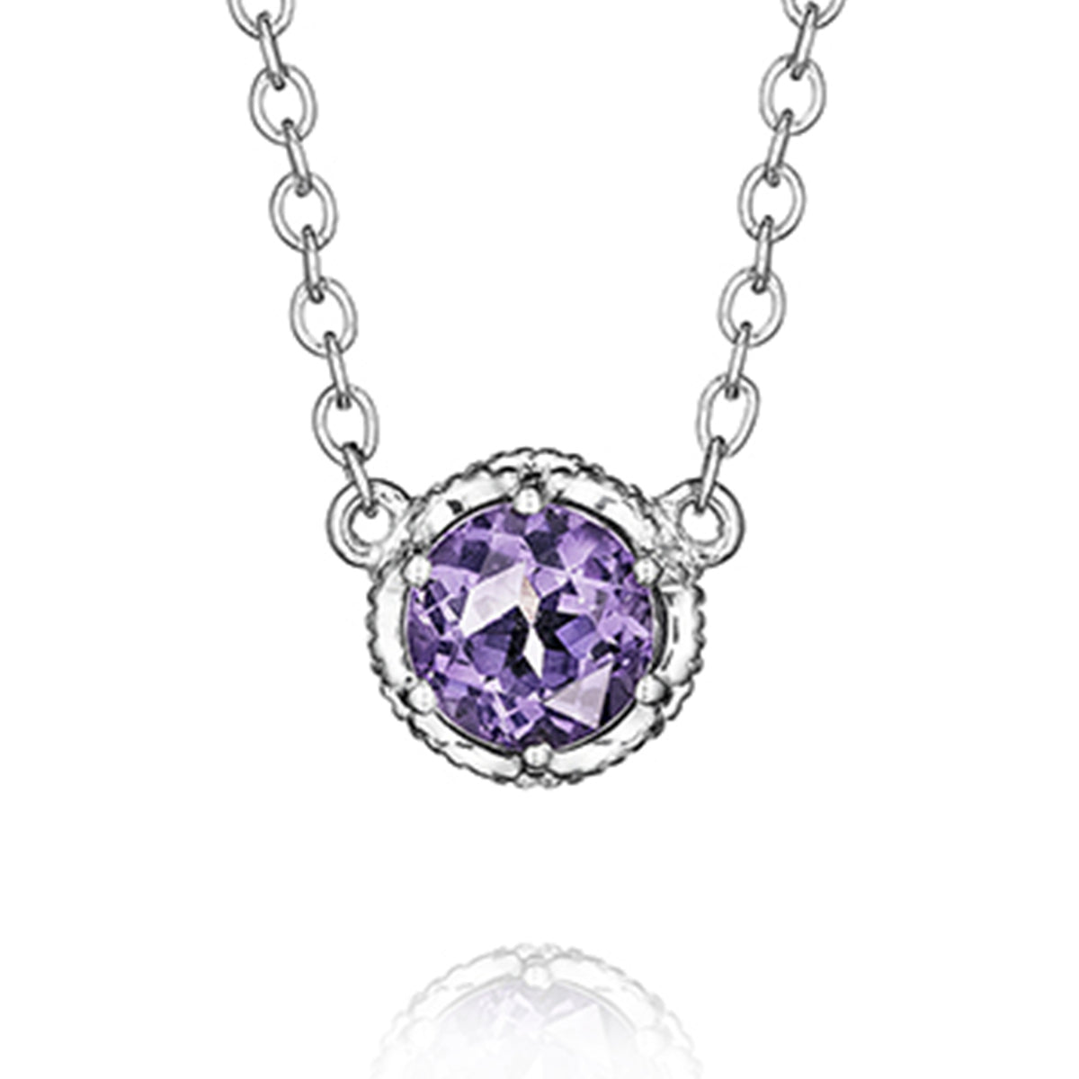 Round amethyst pendant in a decorative Tacori Crescent Crown Amethyst Fashion Necklace setting, suspended from a silver chain.