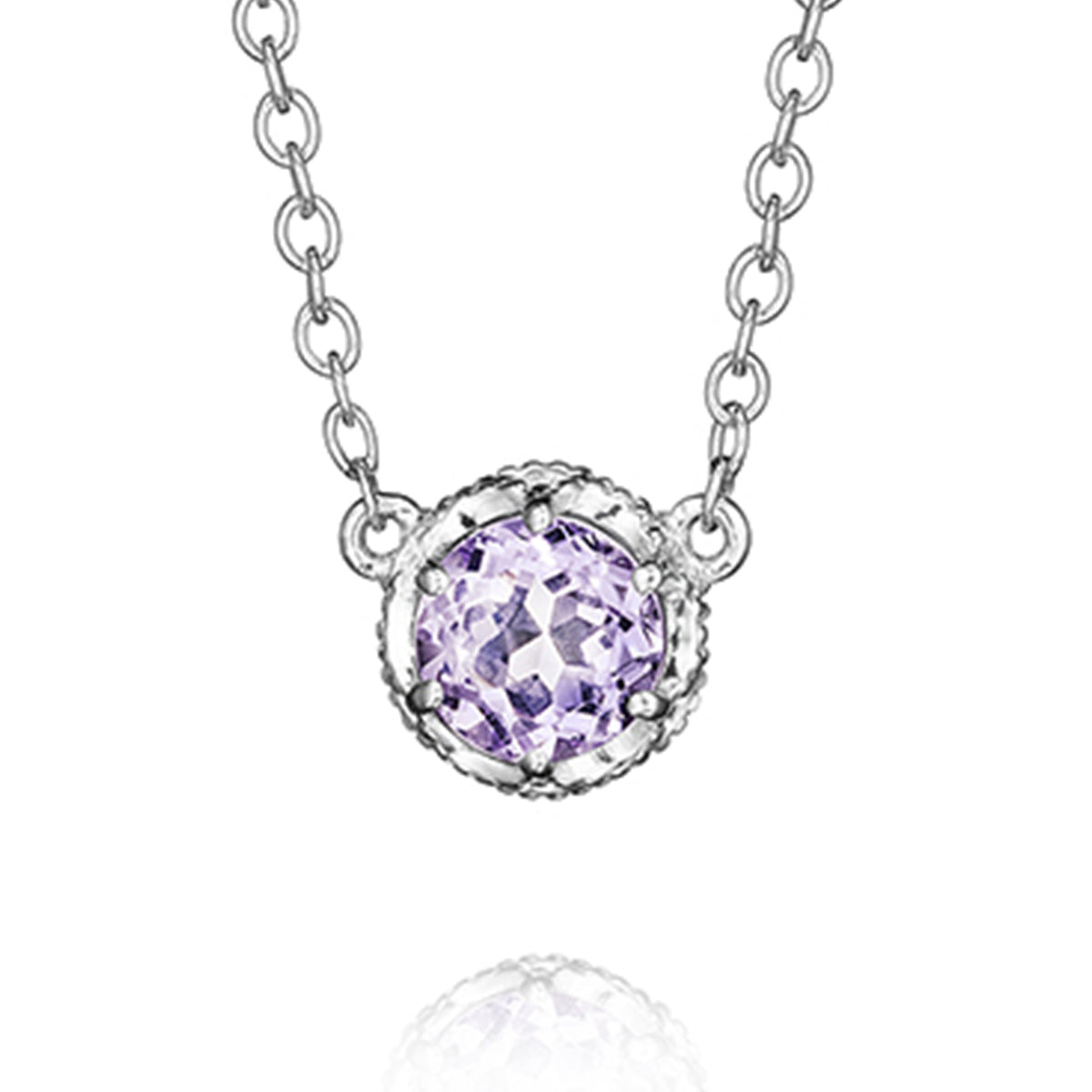 Crescent Crown Rose Amethyst Fashion Necklace SN23613 featuring a round light purple rose amethyst gemstone pendant on a delicate silver chain.