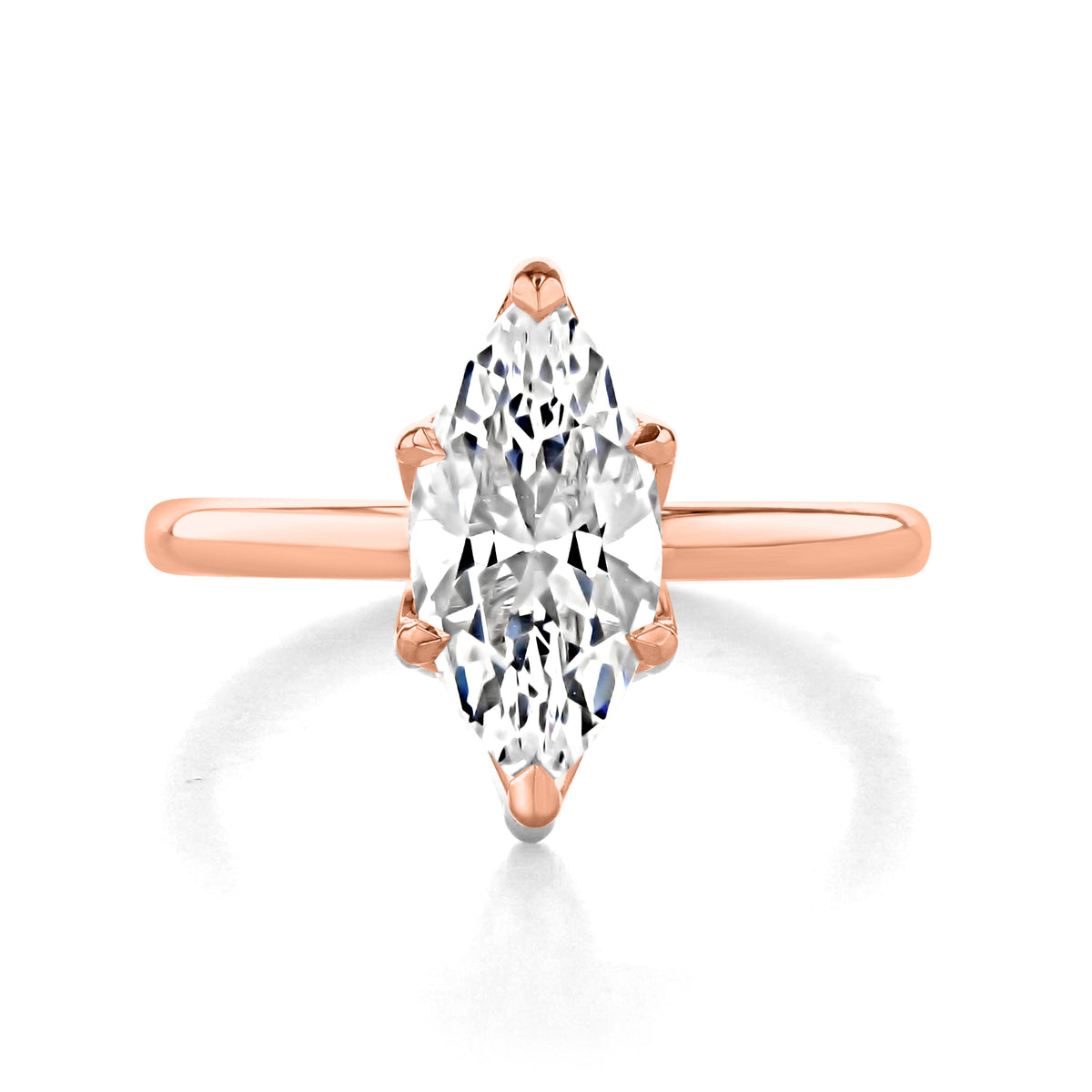 Nova | Marquise Tulip Solitaire Engagement Ring in 14k rose gold, top view of a marquise center diamond in a six-prong setting.