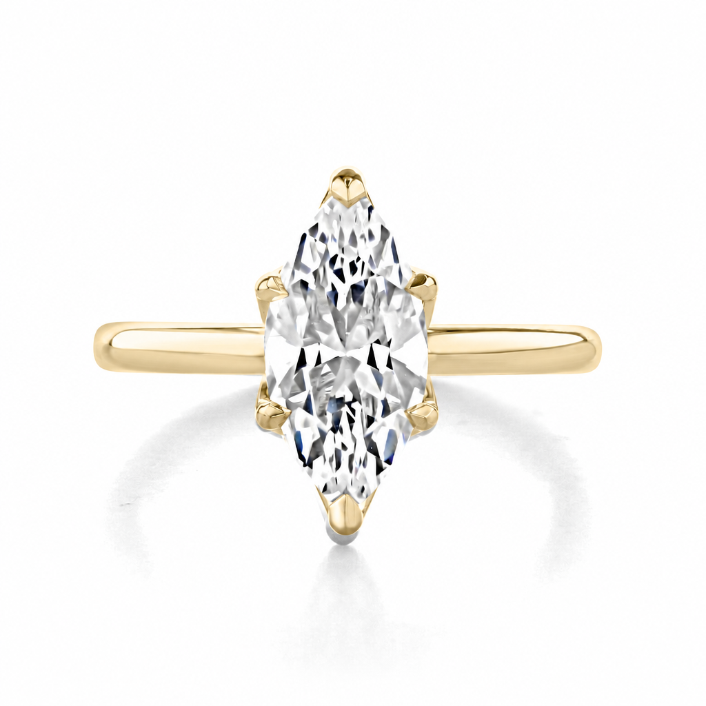 Nova | Marquise Tulip Solitaire Engagement Ring in 14k yellow gold, top view of a marquise center diamond in a six-prong setting.