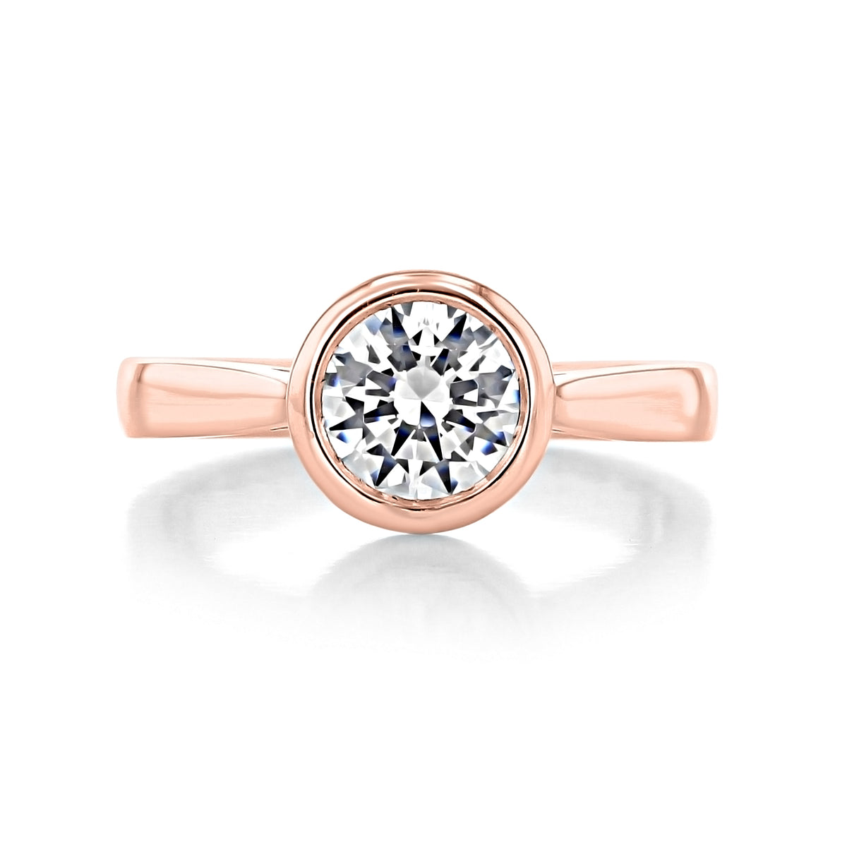 Azure round brilliant-cut solitaire diamond engagement ring in an Art Deco-style rose gold bezel setting.