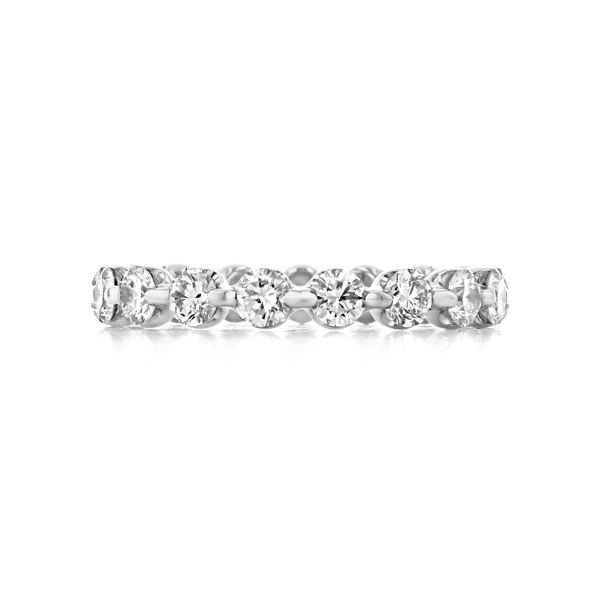 Crystal 1.56ct Single Prong Lab Diamond Eternity Band in platinum featuring a row of round-cut diamonds in a single-prong setting.