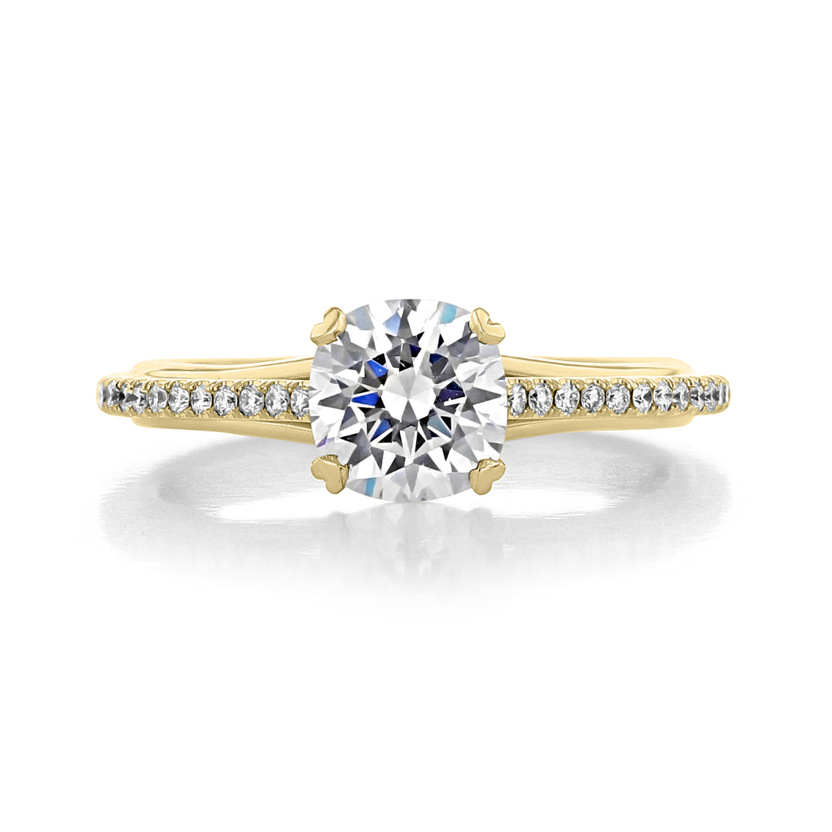 Danhov Unito | Micro-Prong Engagement Ring - UE111 in yellow gold featuring a round center diamond held by four micro-prongs and small diamonds pave-set along the split-shank band.