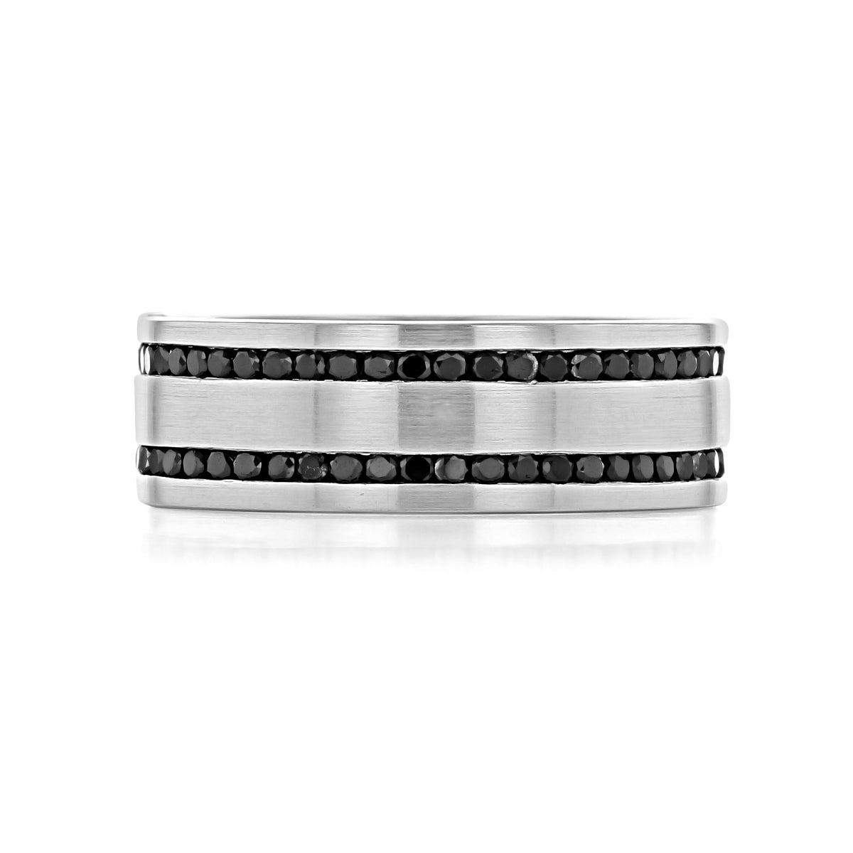 Diamond Wedding Band | WB376: a brushed platinum men’s wedding band with two rows of small black round-cut stones.