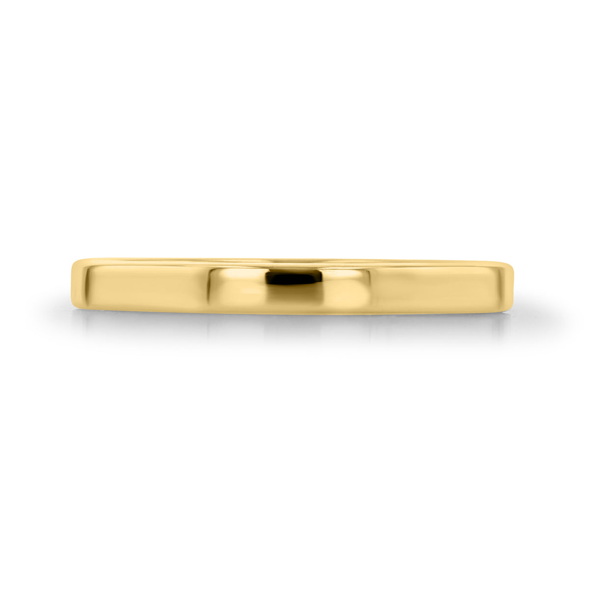 A Hadley | 2mm Flat Top Polished Wedding Band in 2mm yellow gold with a flat top, designed as a sleek stackable band.
