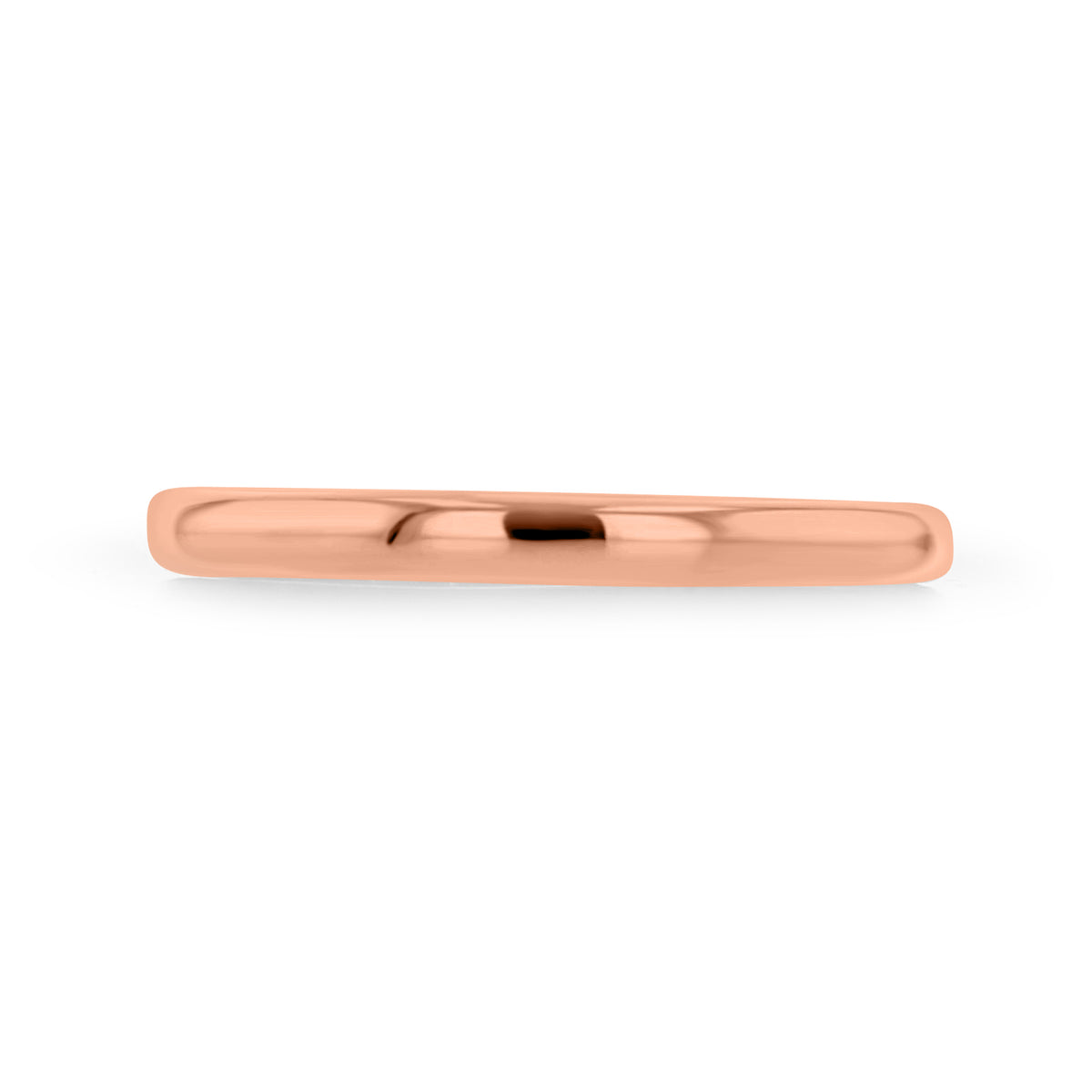 A slim, polished 14k rose gold Clarita | 2mm Slim Low Dome Polished Wedding Band with a low-dome profile.