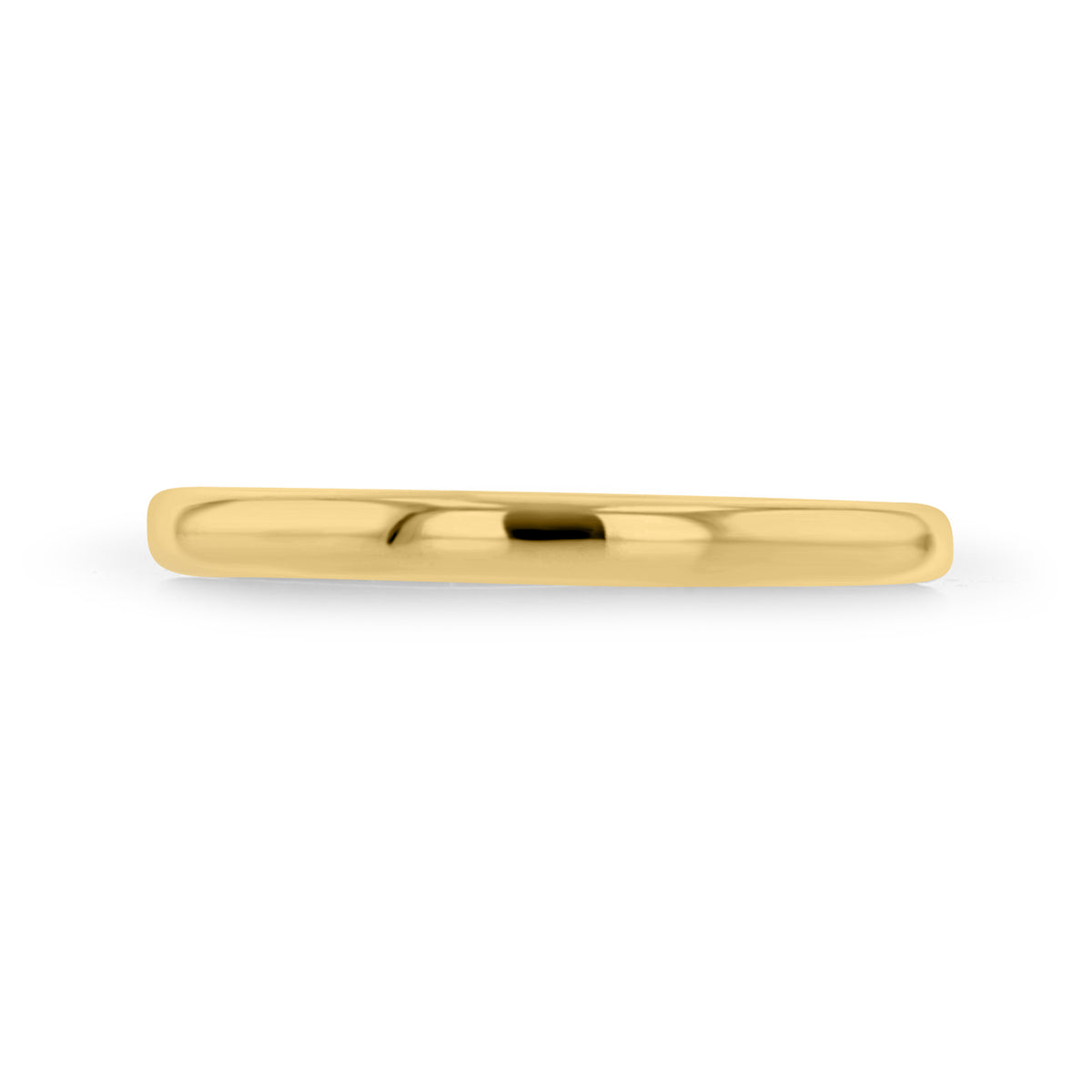 A thin, delicate Clarita 2mm Slim Low Dome Polished Wedding Band in 14k yellow gold with a smooth, rounded surface and a polished finish.