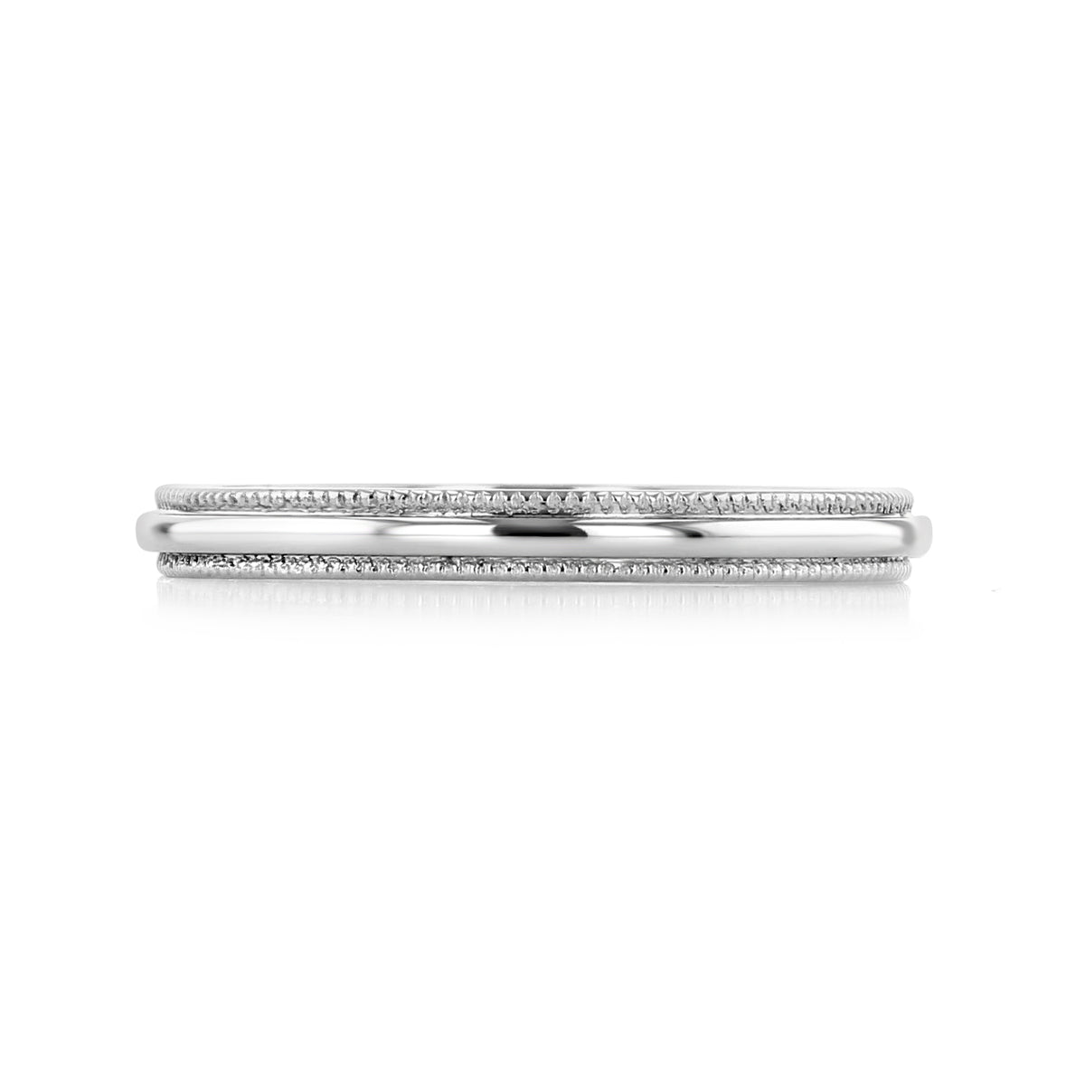 Delia | 2mm Milgrain Polished Wedding Band in platinum, featuring a polished center ridge flanked by two milgrain-textured edges.